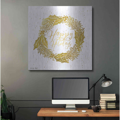 Luxe Metal Art 'Happy Holidays Golden Wreath' by Cindy Jacobs, Metal Wall Art,36x36