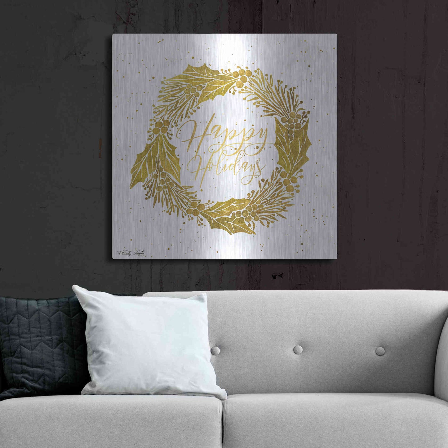 Luxe Metal Art 'Happy Holidays Golden Wreath' by Cindy Jacobs, Metal Wall Art,36x36