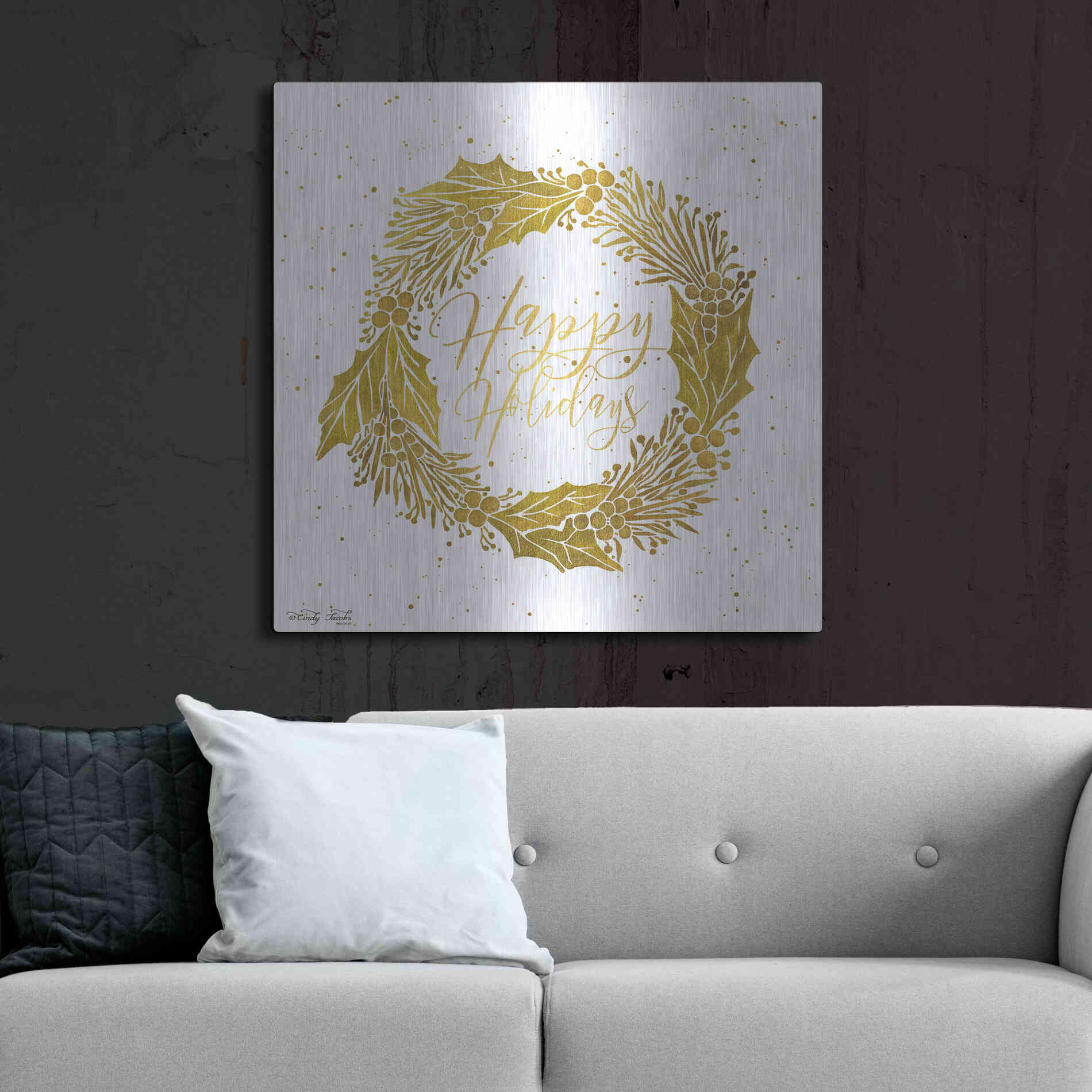Luxe Metal Art 'Happy Holidays Golden Wreath' by Cindy Jacobs, Metal Wall Art,36x36