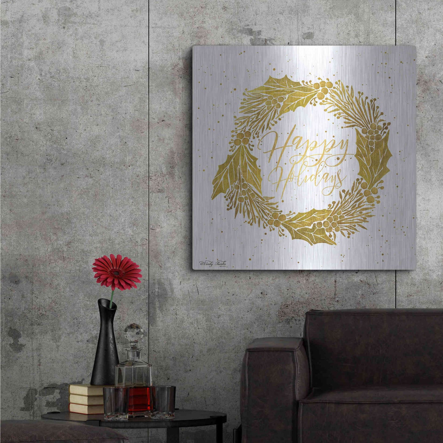 Luxe Metal Art 'Happy Holidays Golden Wreath' by Cindy Jacobs, Metal Wall Art,36x36