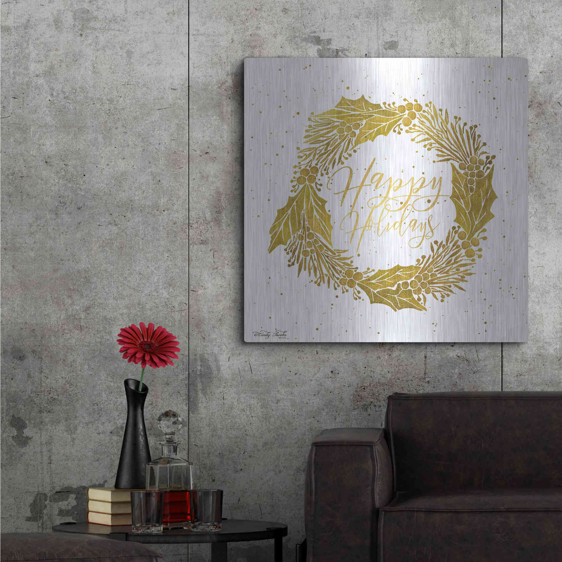 Luxe Metal Art 'Happy Holidays Golden Wreath' by Cindy Jacobs, Metal Wall Art,36x36
