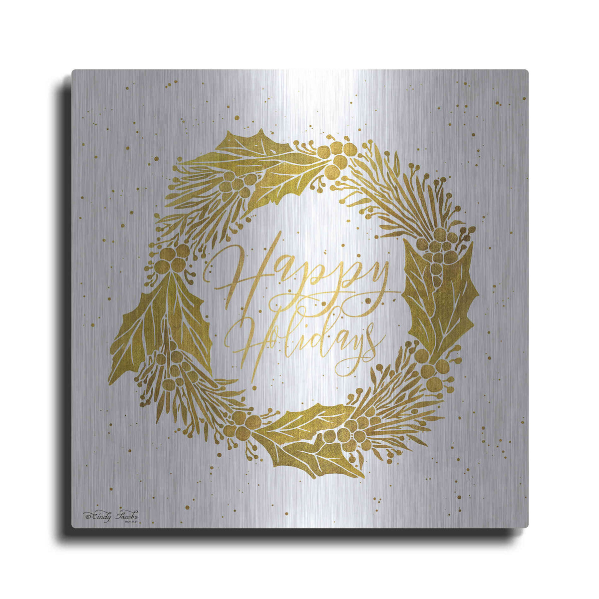 Luxe Metal Art 'Happy Holidays Golden Wreath' by Cindy Jacobs, Metal Wall Art