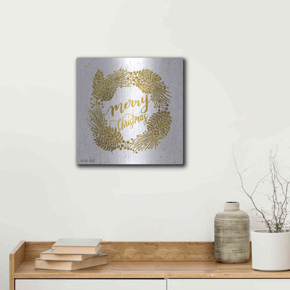 Luxe Metal Art 'Merry Christmas Gold Wreath' by Cindy Jacobs, Metal Wall Art,12x12