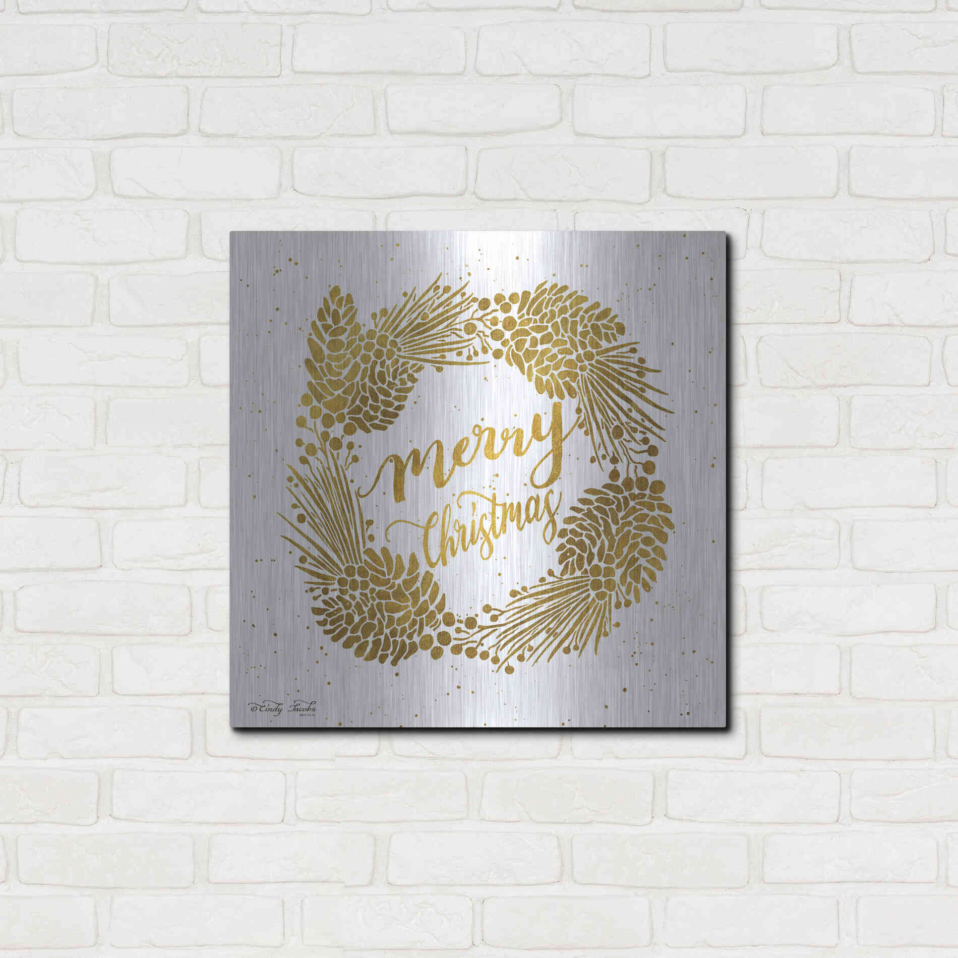 Luxe Metal Art 'Merry Christmas Gold Wreath' by Cindy Jacobs, Metal Wall Art,24x24
