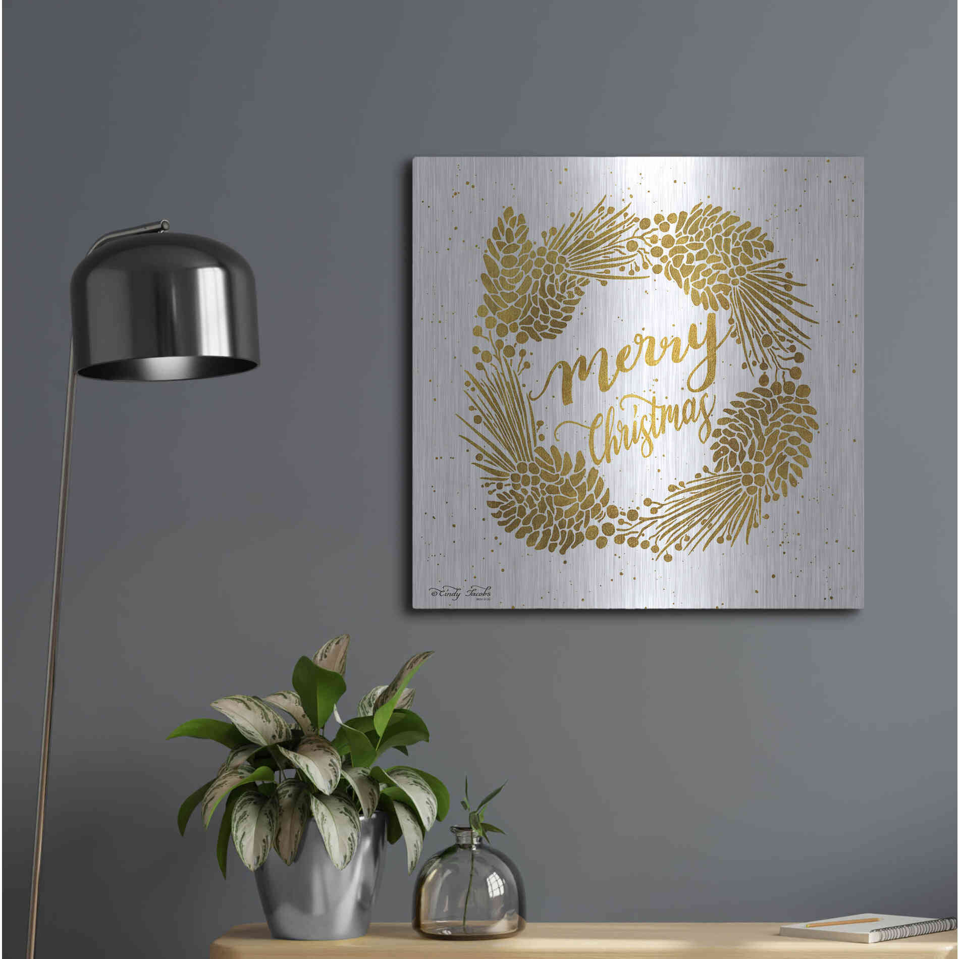 Luxe Metal Art 'Merry Christmas Gold Wreath' by Cindy Jacobs, Metal Wall Art,24x24
