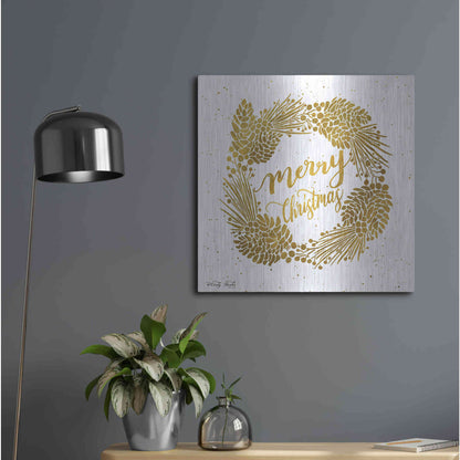 Luxe Metal Art 'Merry Christmas Gold Wreath' by Cindy Jacobs, Metal Wall Art,24x24