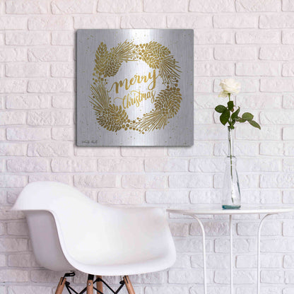 Luxe Metal Art 'Merry Christmas Gold Wreath' by Cindy Jacobs, Metal Wall Art,24x24