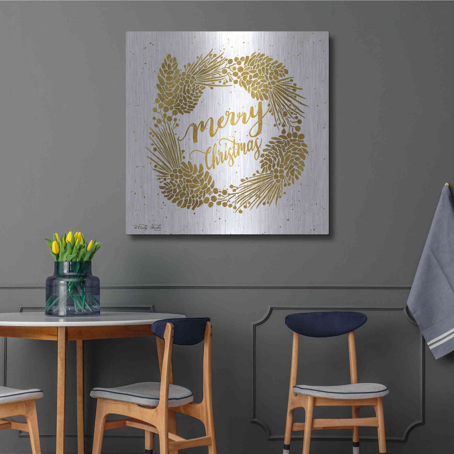 Luxe Metal Art 'Merry Christmas Gold Wreath' by Cindy Jacobs, Metal Wall Art,36x36