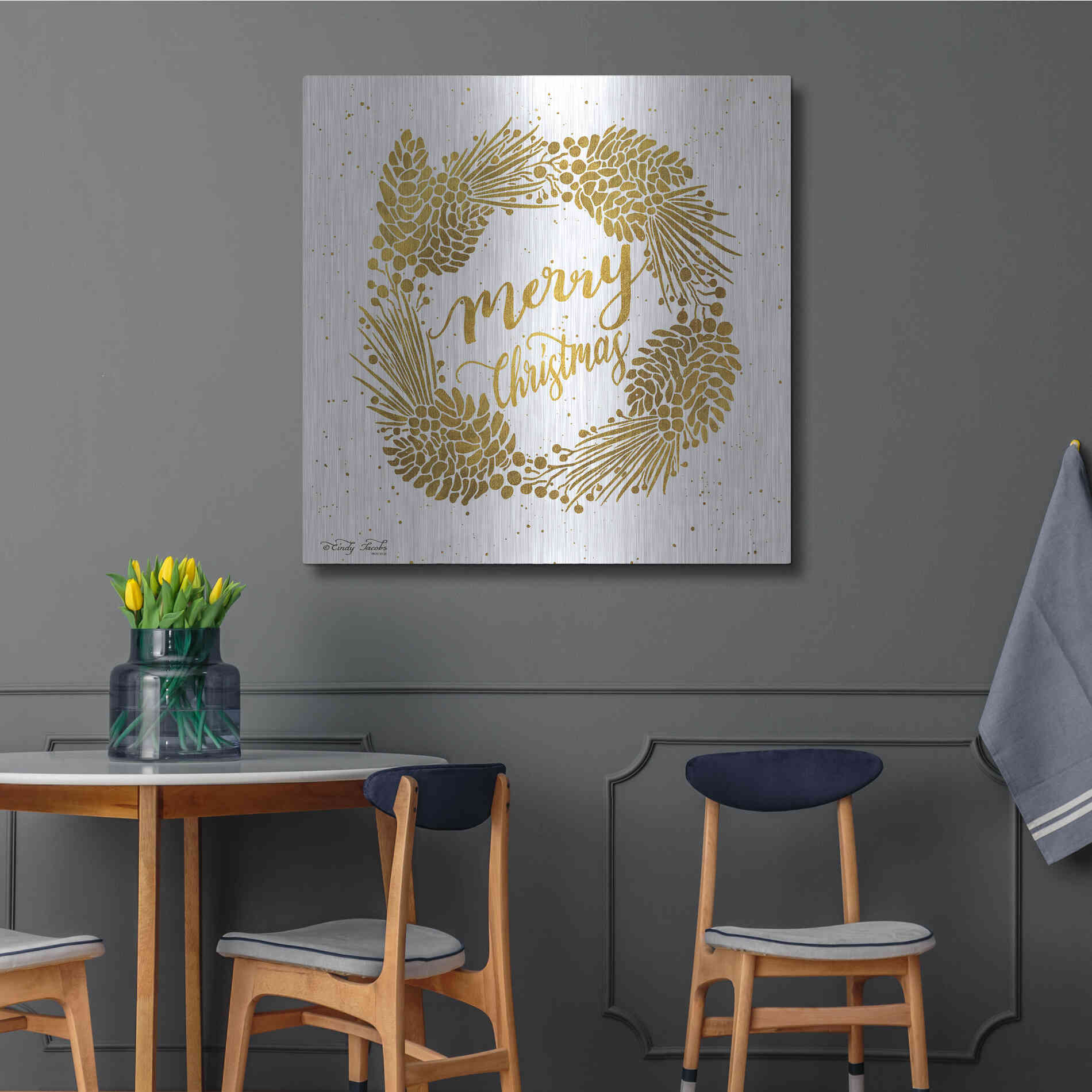 Luxe Metal Art 'Merry Christmas Gold Wreath' by Cindy Jacobs, Metal Wall Art,36x36