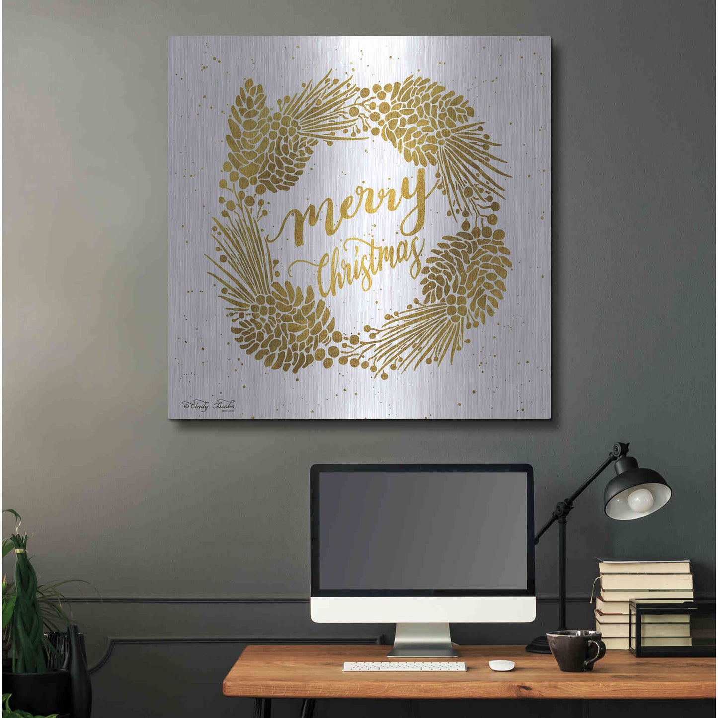 Luxe Metal Art 'Merry Christmas Gold Wreath' by Cindy Jacobs, Metal Wall Art,36x36
