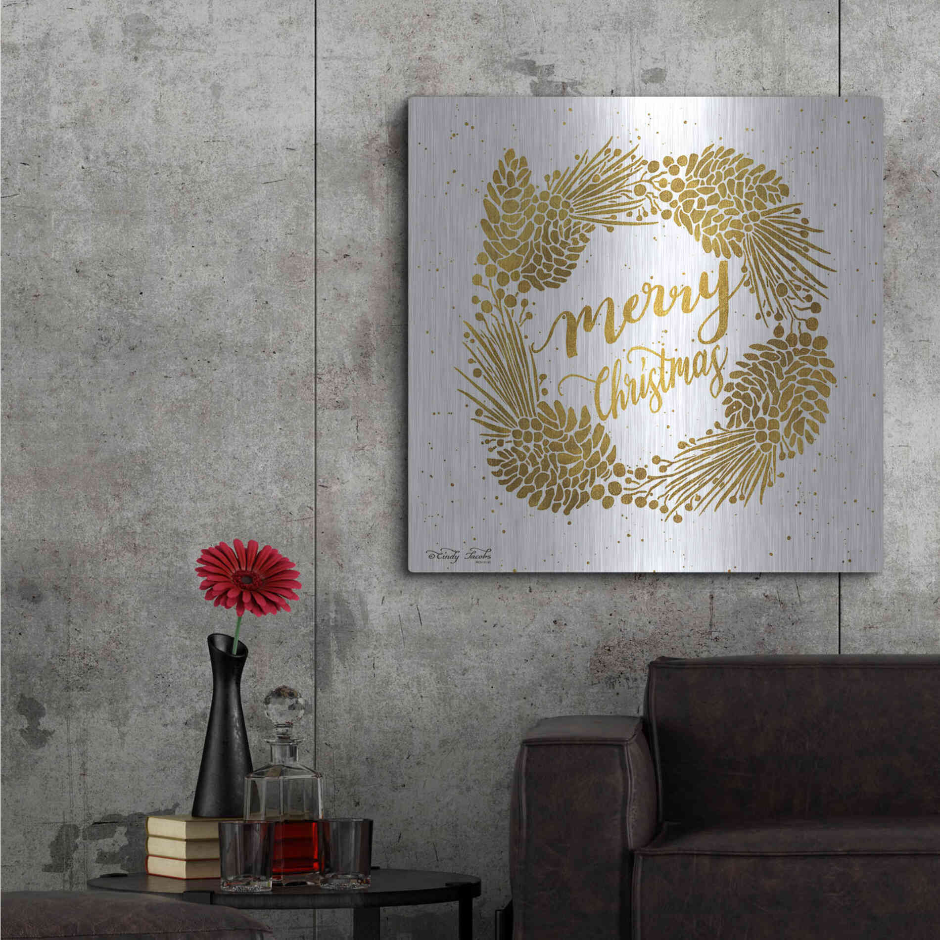 Luxe Metal Art 'Merry Christmas Gold Wreath' by Cindy Jacobs, Metal Wall Art,36x36