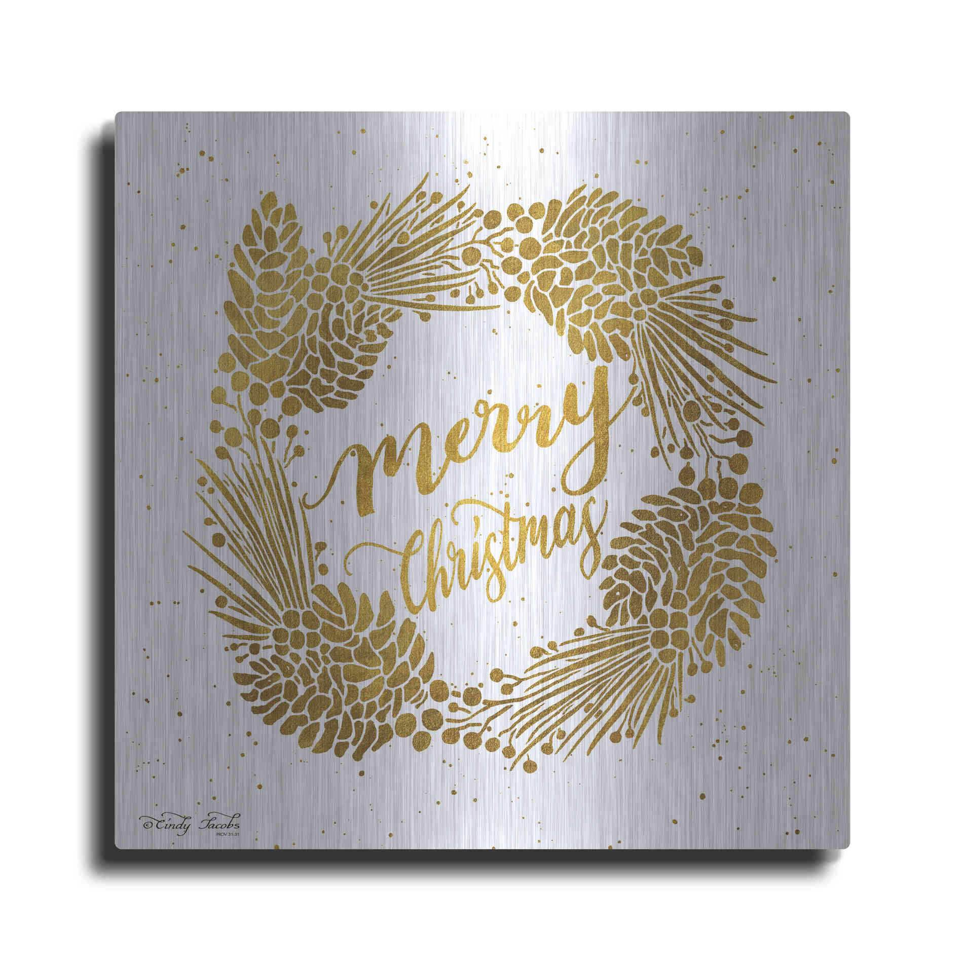 Luxe Metal Art 'Merry Christmas Gold Wreath' by Cindy Jacobs, Metal Wall Art