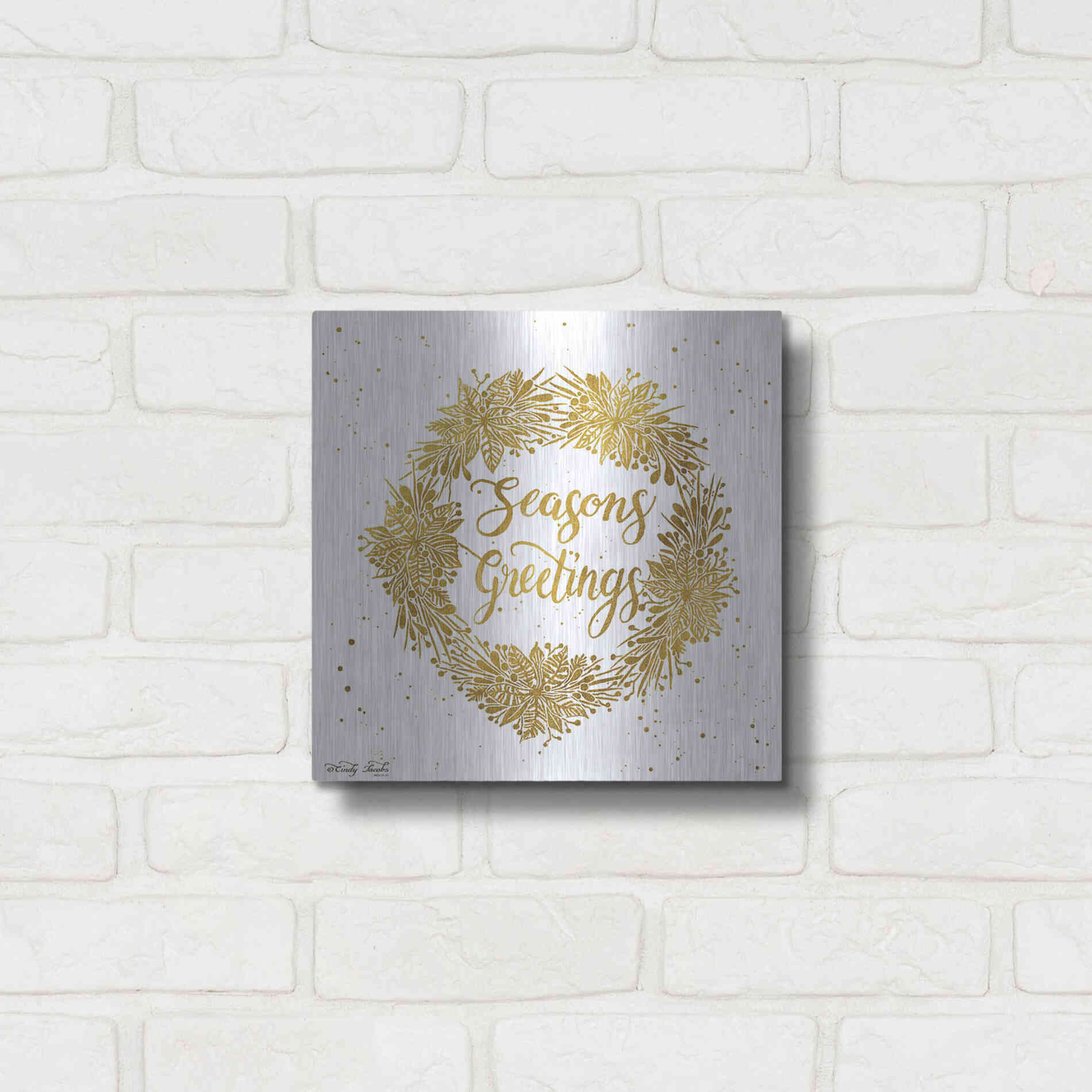 Luxe Metal Art 'Seasons Greetings Gold Wreath' by Cindy Jacobs, Metal Wall Art,12x12