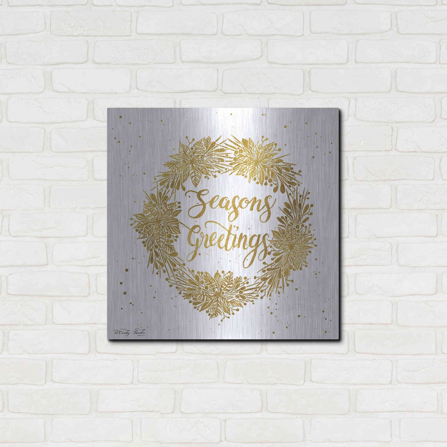Luxe Metal Art 'Seasons Greetings Gold Wreath' by Cindy Jacobs, Metal Wall Art,24x24
