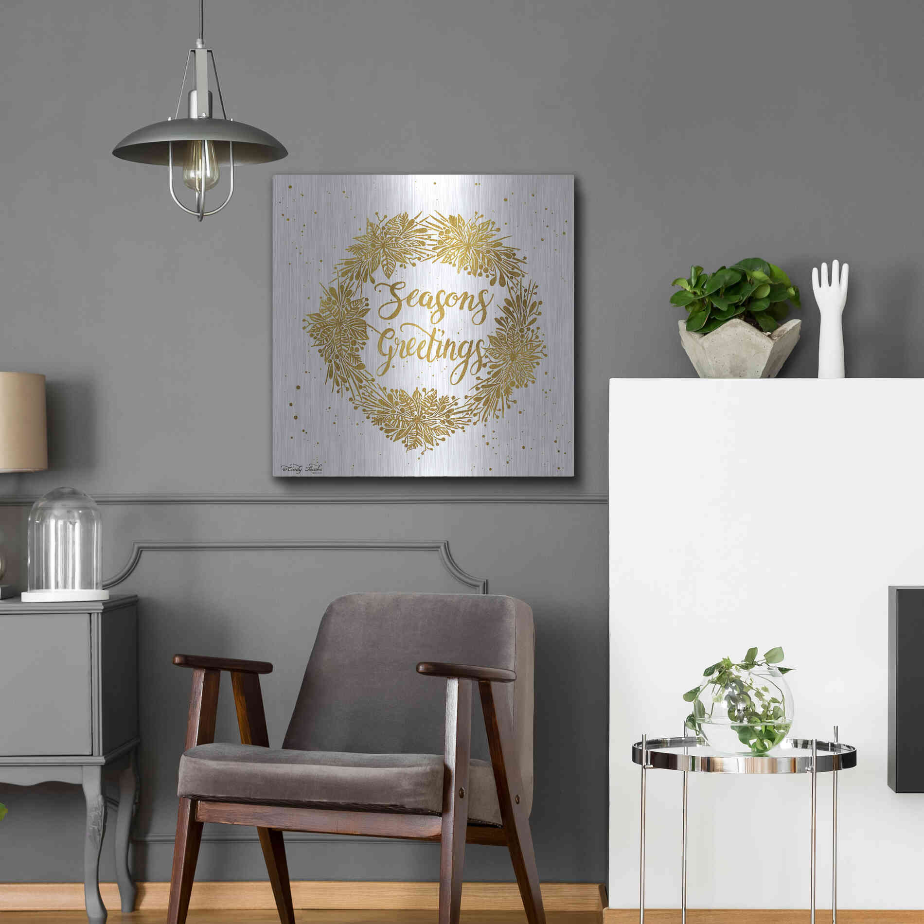 Luxe Metal Art 'Seasons Greetings Gold Wreath' by Cindy Jacobs, Metal Wall Art,24x24
