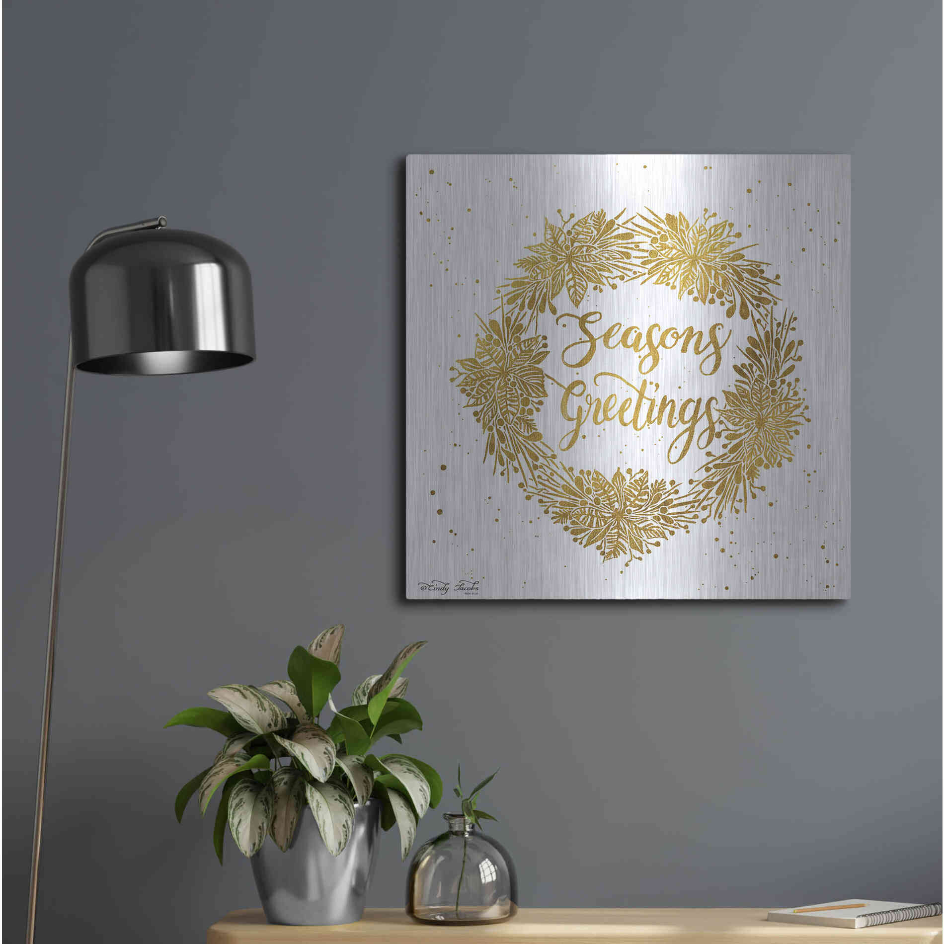 Luxe Metal Art 'Seasons Greetings Gold Wreath' by Cindy Jacobs, Metal Wall Art,24x24