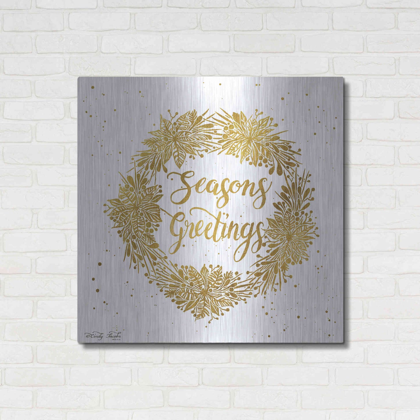 Luxe Metal Art 'Seasons Greetings Gold Wreath' by Cindy Jacobs, Metal Wall Art,36x36