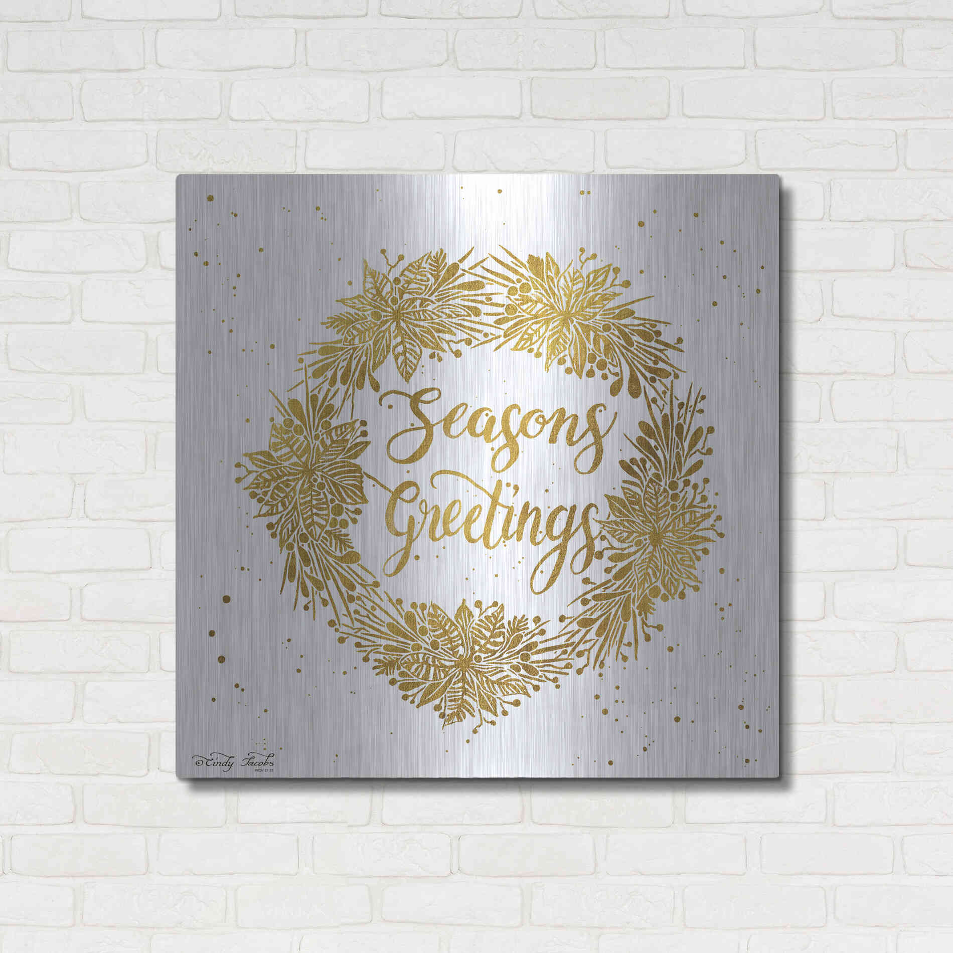 Luxe Metal Art 'Seasons Greetings Gold Wreath' by Cindy Jacobs, Metal Wall Art,36x36