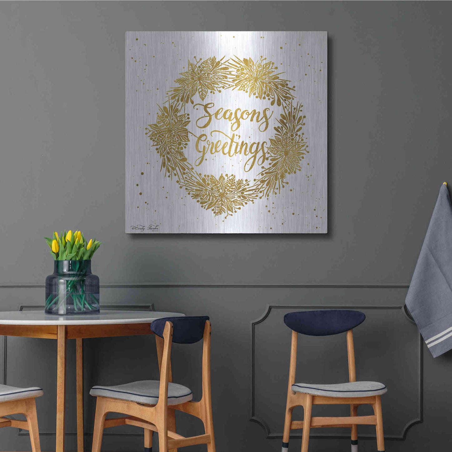 Luxe Metal Art 'Seasons Greetings Gold Wreath' by Cindy Jacobs, Metal Wall Art,36x36