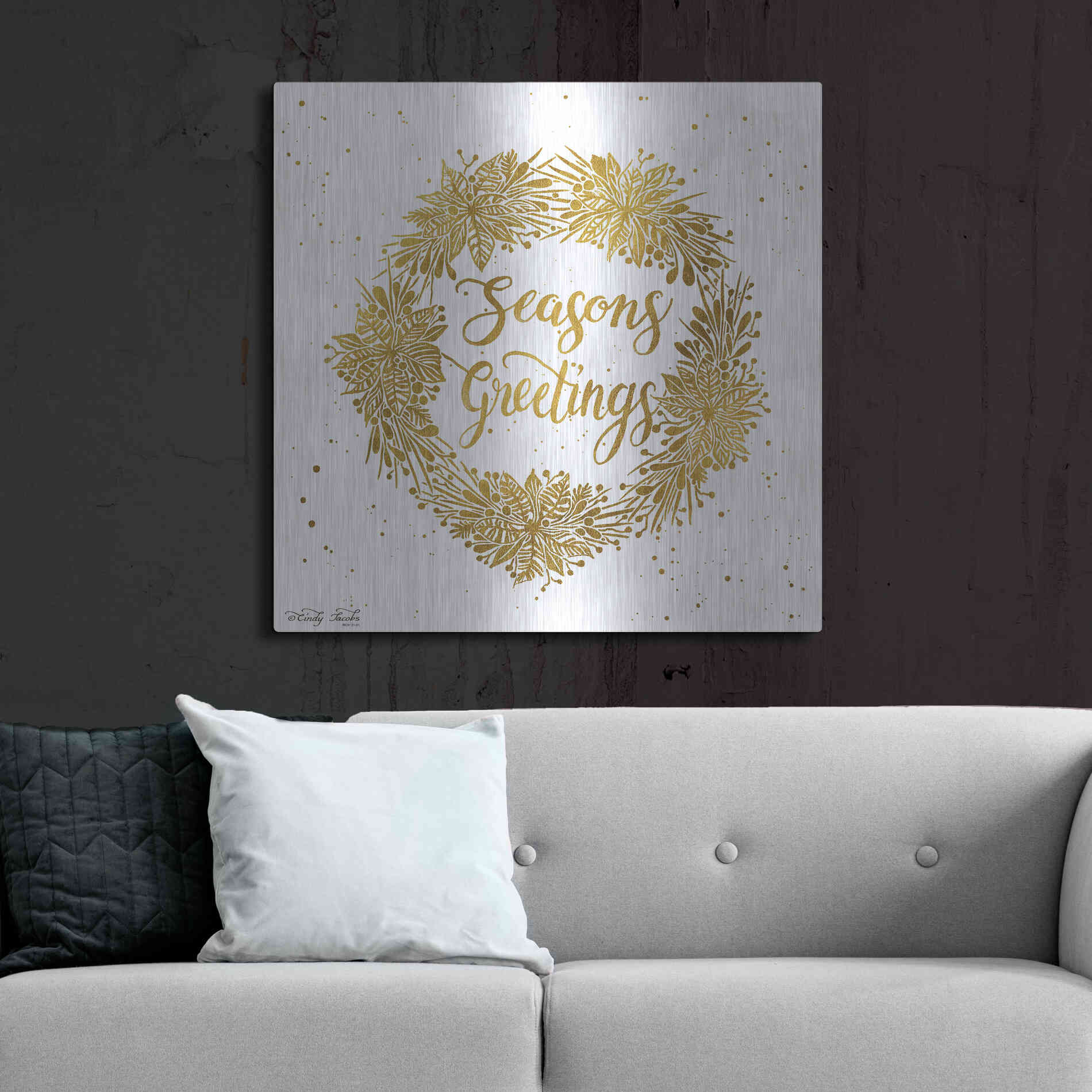 Luxe Metal Art 'Seasons Greetings Gold Wreath' by Cindy Jacobs, Metal Wall Art,36x36