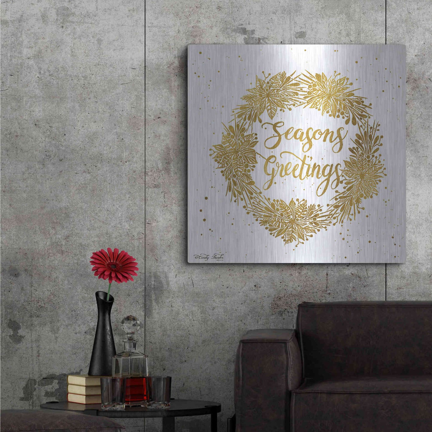 Luxe Metal Art 'Seasons Greetings Gold Wreath' by Cindy Jacobs, Metal Wall Art,36x36