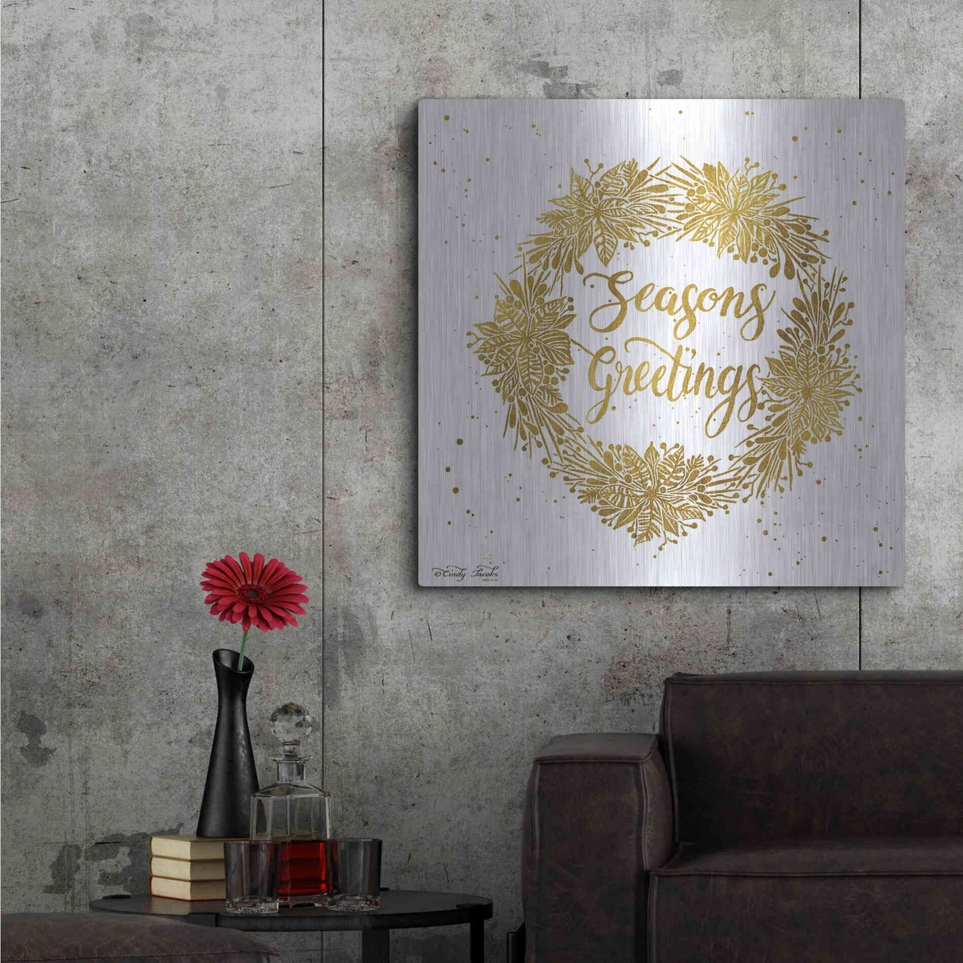 Luxe Metal Art 'Seasons Greetings Gold Wreath' by Cindy Jacobs, Metal Wall Art,36x36