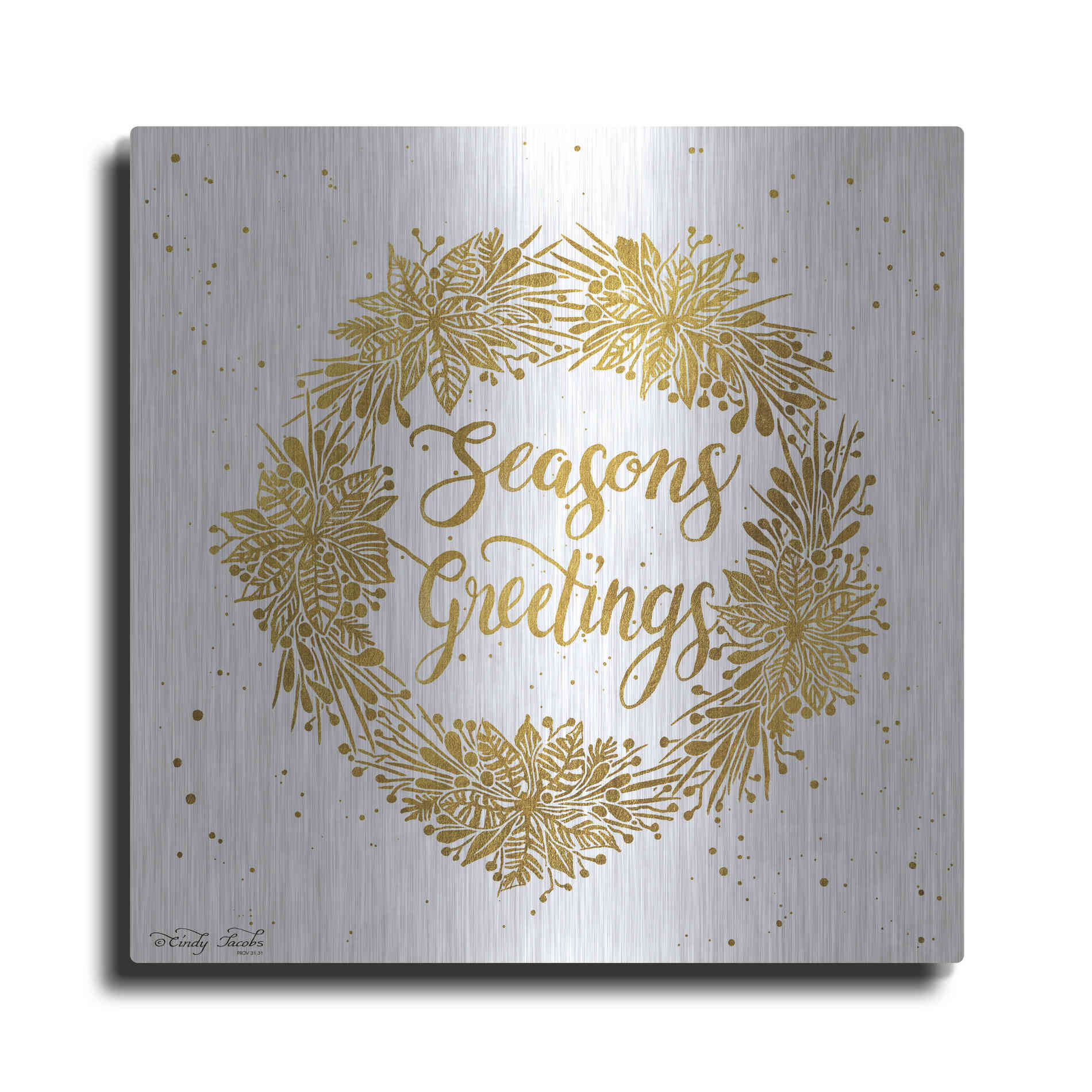 Luxe Metal Art 'Seasons Greetings Gold Wreath' by Cindy Jacobs, Metal Wall Art