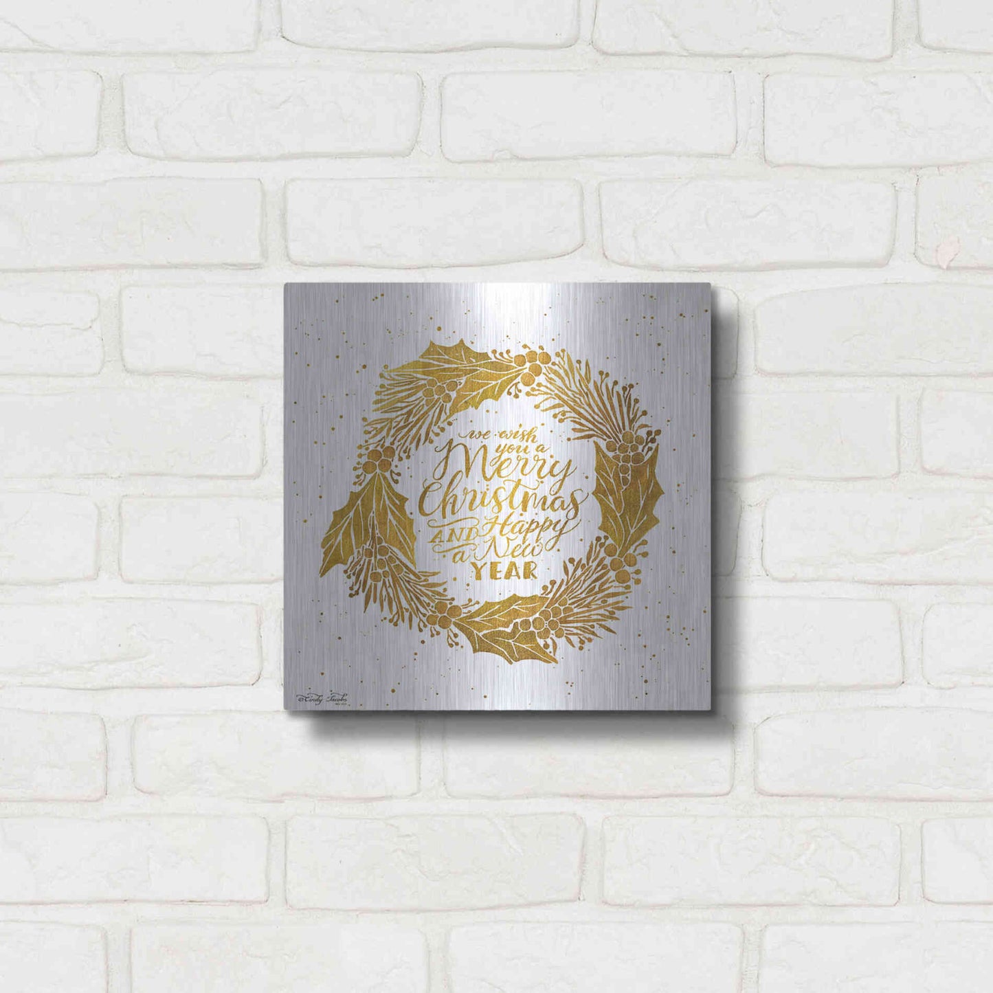 Luxe Metal Art 'Christmas and New Year Gold Wreath' by Cindy Jacobs, Metal Wall Art,12x12