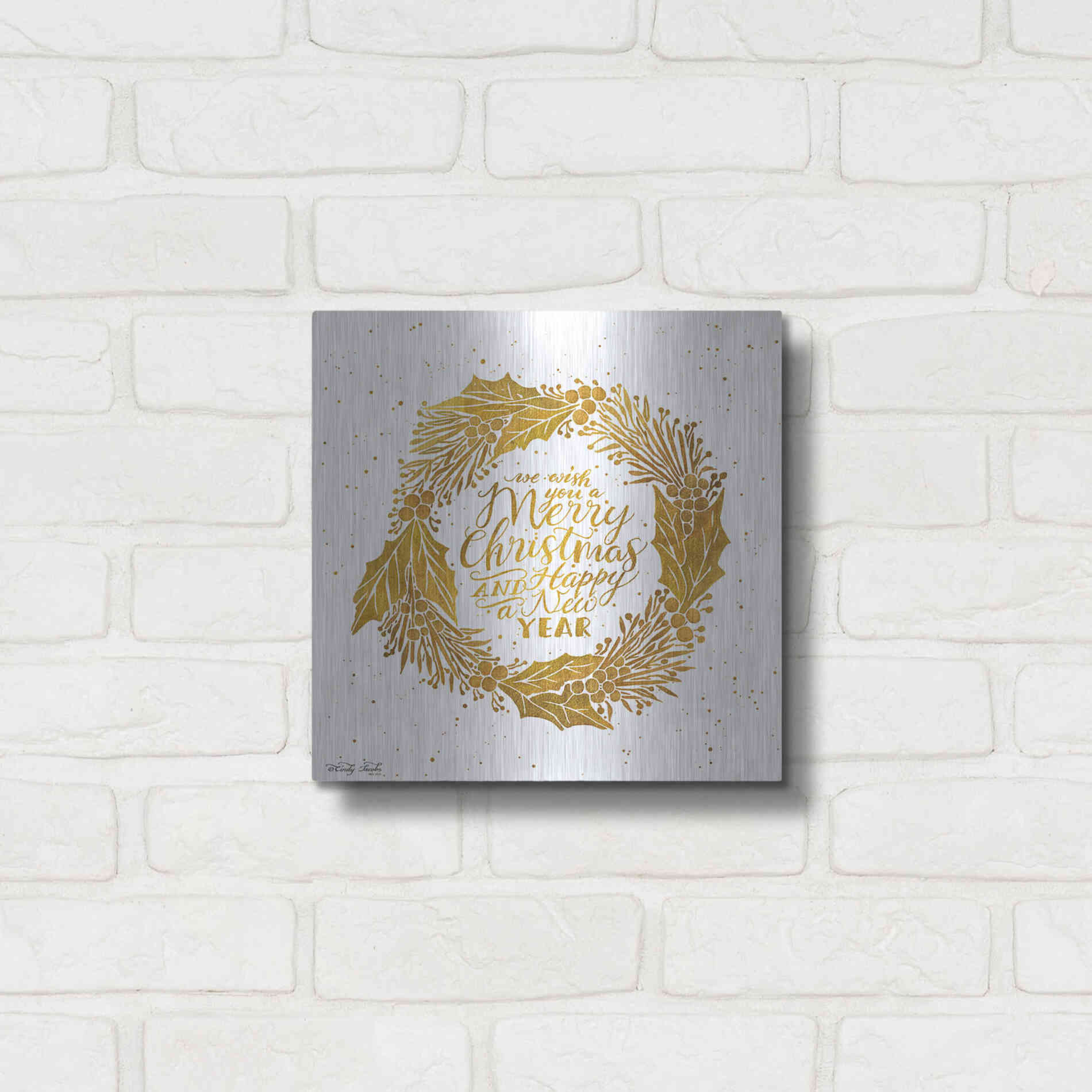 Luxe Metal Art 'Christmas and New Year Gold Wreath' by Cindy Jacobs, Metal Wall Art,12x12