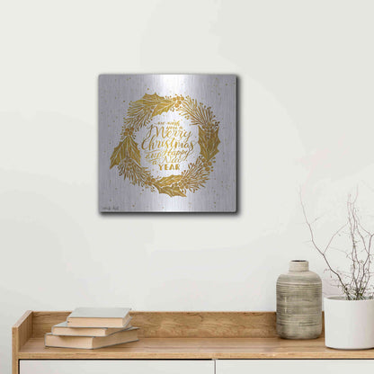 Luxe Metal Art 'Christmas and New Year Gold Wreath' by Cindy Jacobs, Metal Wall Art,12x12