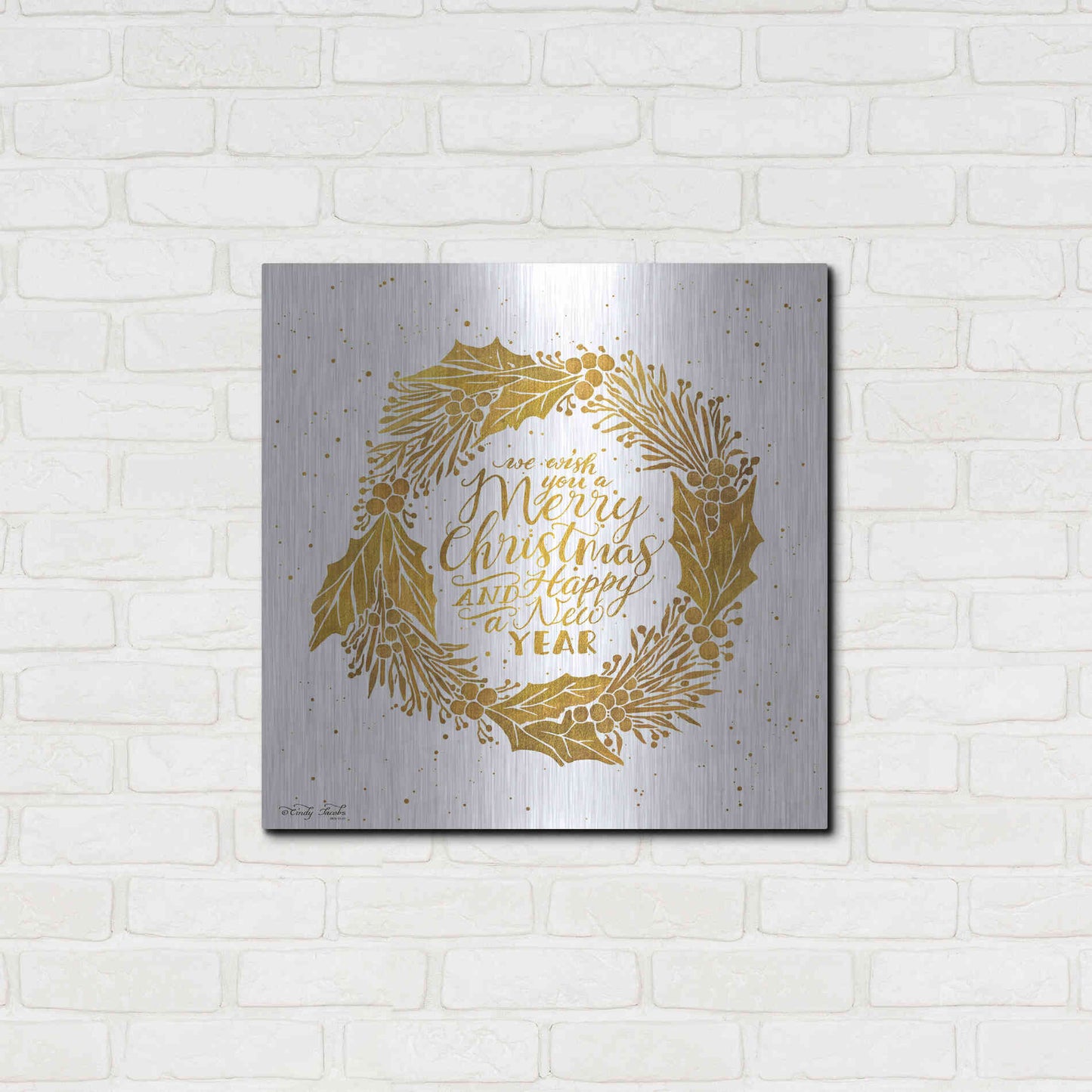 Luxe Metal Art 'Christmas and New Year Gold Wreath' by Cindy Jacobs, Metal Wall Art,24x24
