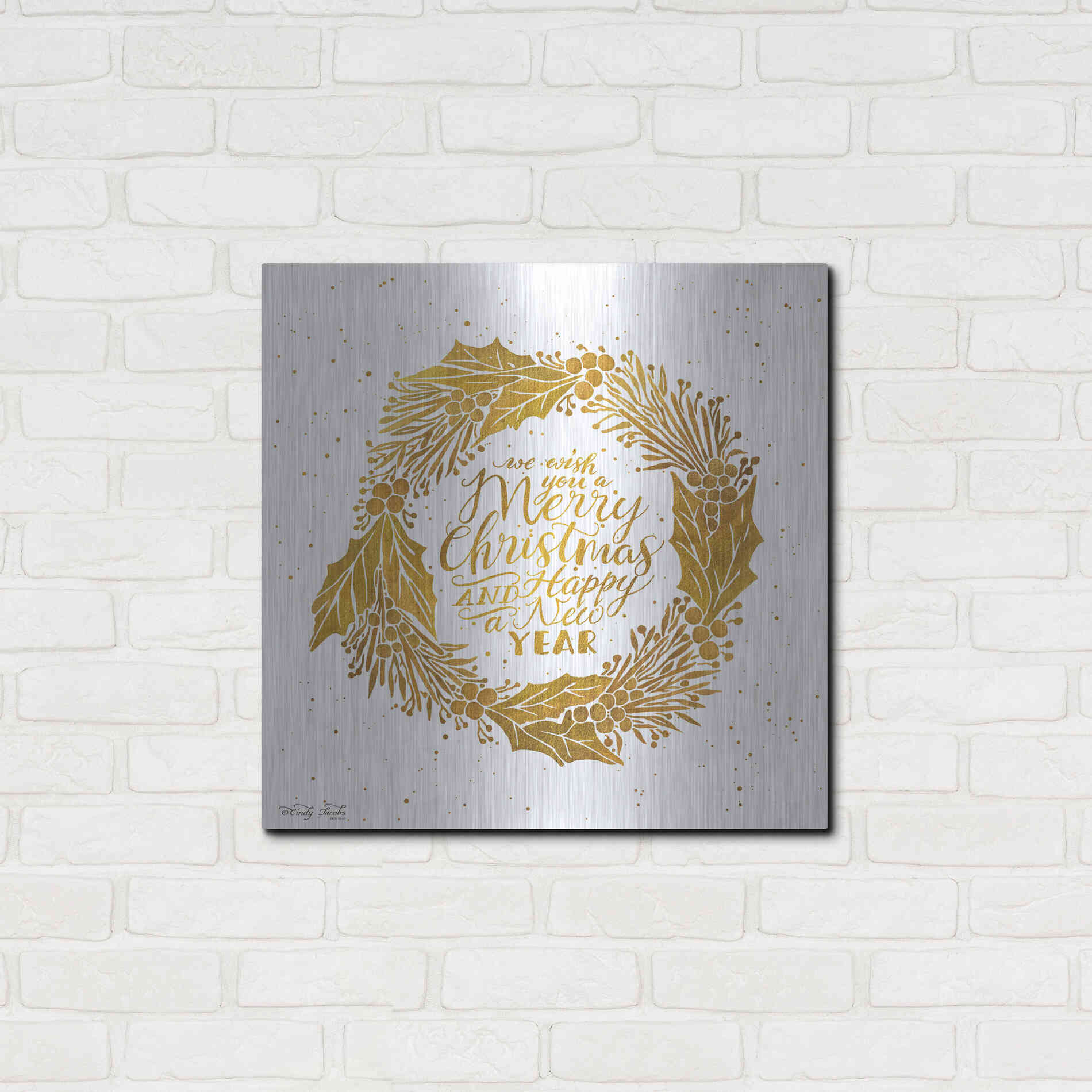 Luxe Metal Art 'Christmas and New Year Gold Wreath' by Cindy Jacobs, Metal Wall Art,24x24
