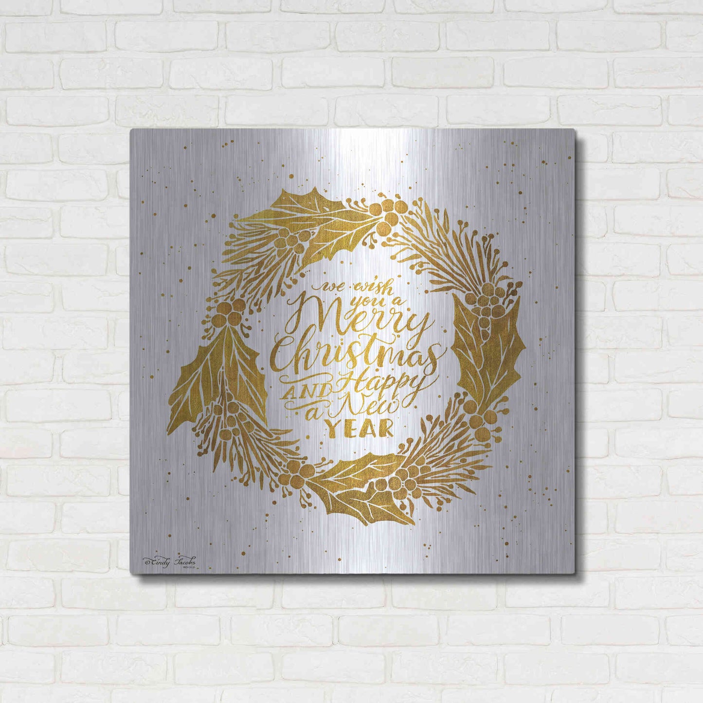 Luxe Metal Art 'Christmas and New Year Gold Wreath' by Cindy Jacobs, Metal Wall Art,36x36