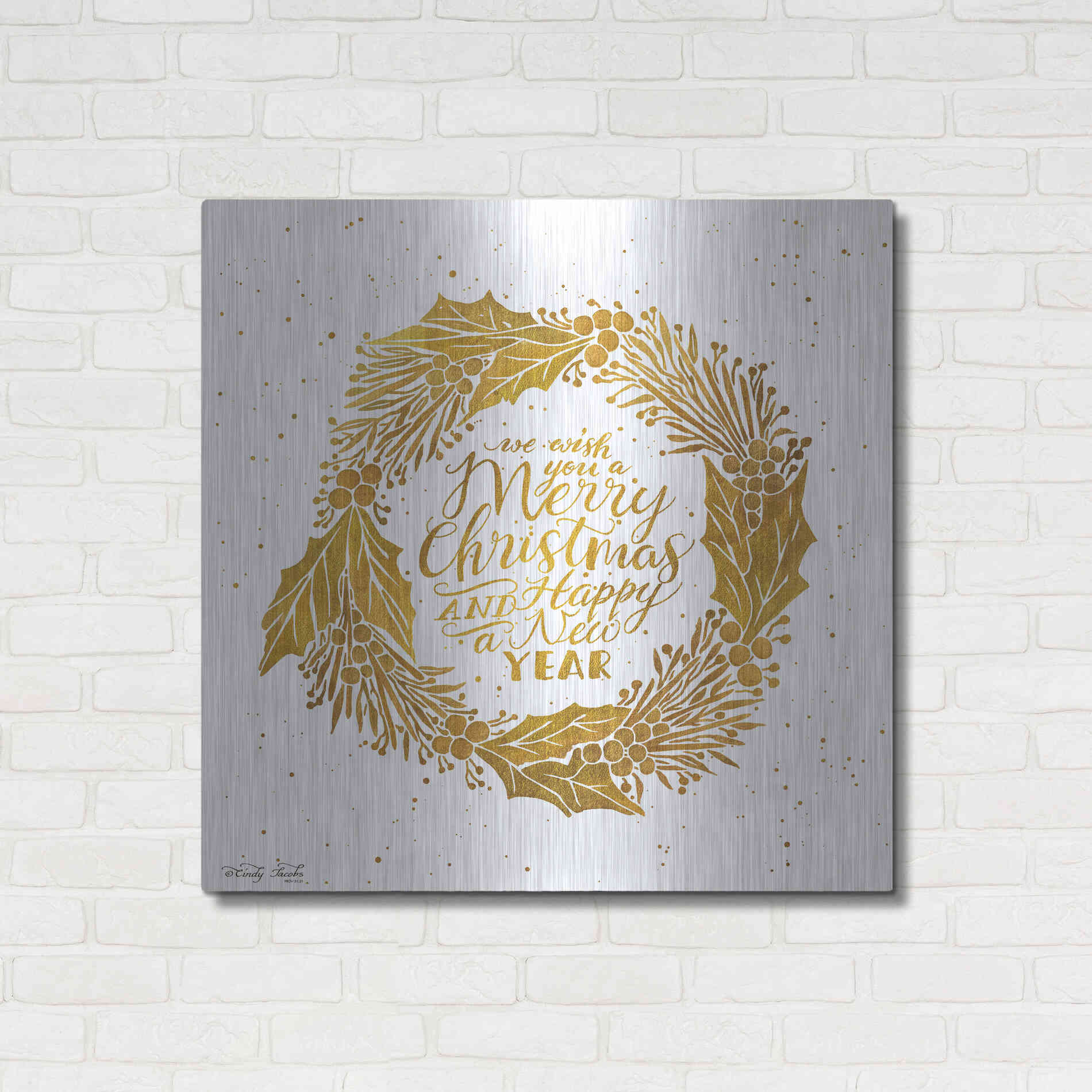 Luxe Metal Art 'Christmas and New Year Gold Wreath' by Cindy Jacobs, Metal Wall Art,36x36