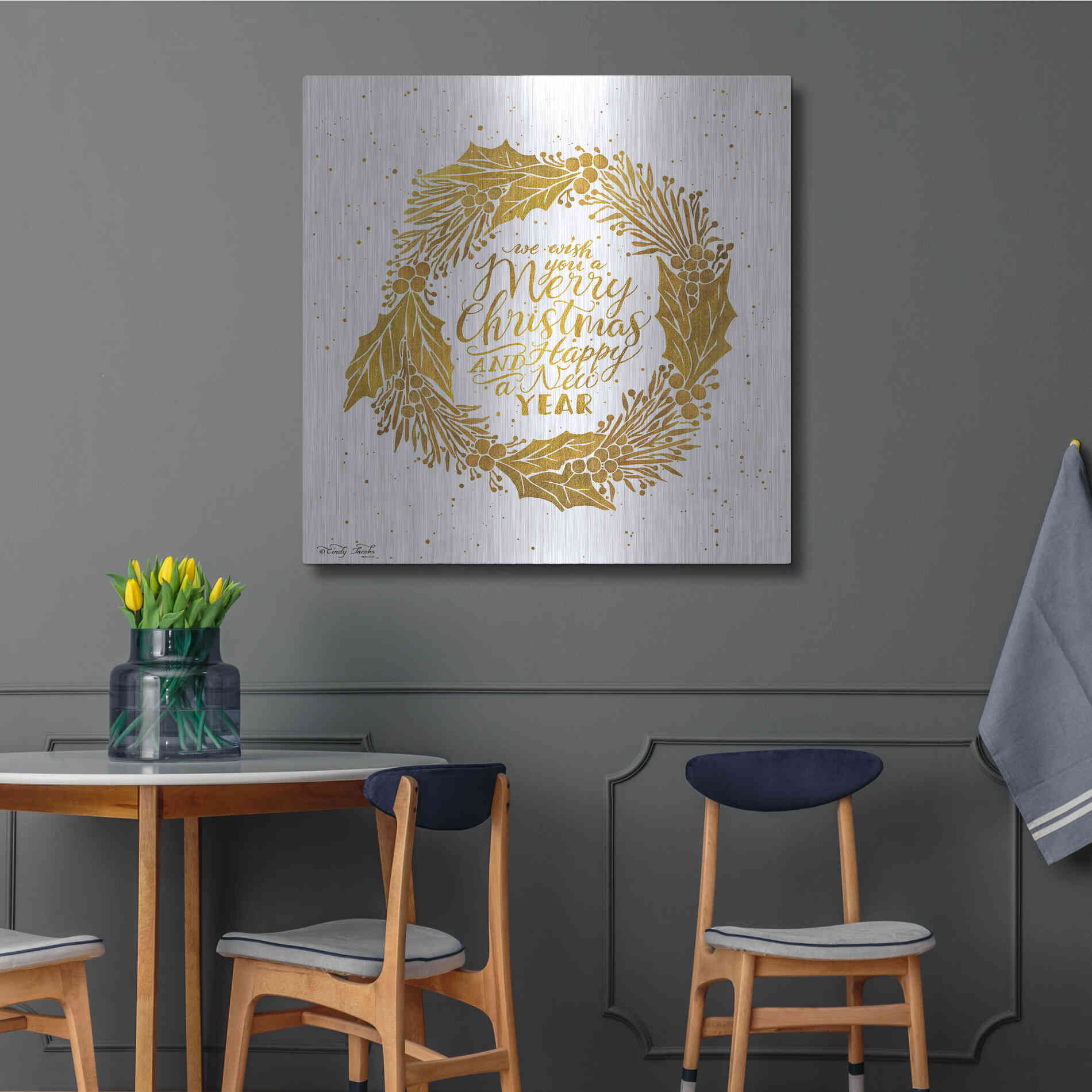 Luxe Metal Art 'Christmas and New Year Gold Wreath' by Cindy Jacobs, Metal Wall Art,36x36
