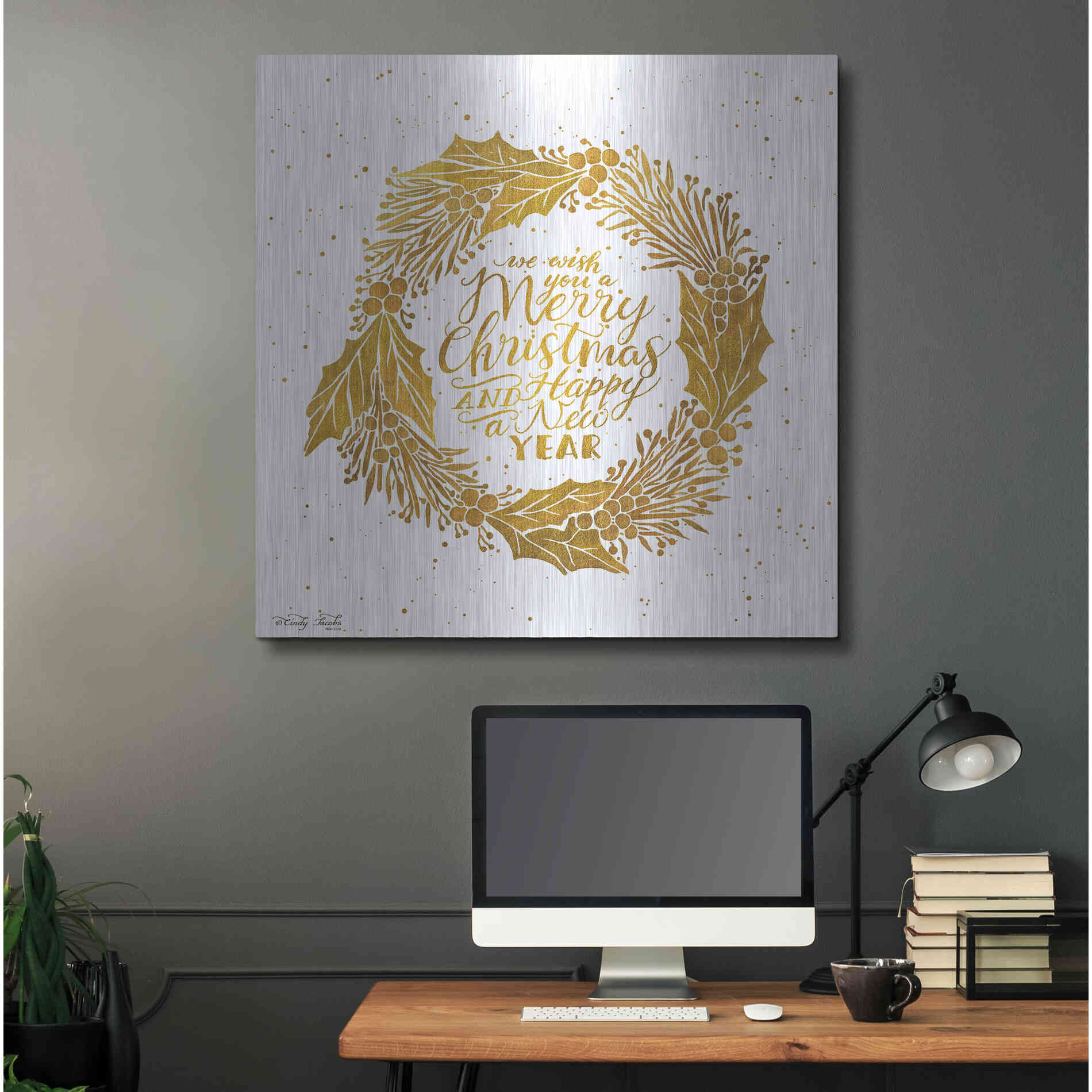 Luxe Metal Art 'Christmas and New Year Gold Wreath' by Cindy Jacobs, Metal Wall Art,36x36