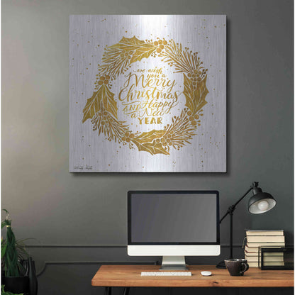 Luxe Metal Art 'Christmas and New Year Gold Wreath' by Cindy Jacobs, Metal Wall Art,36x36