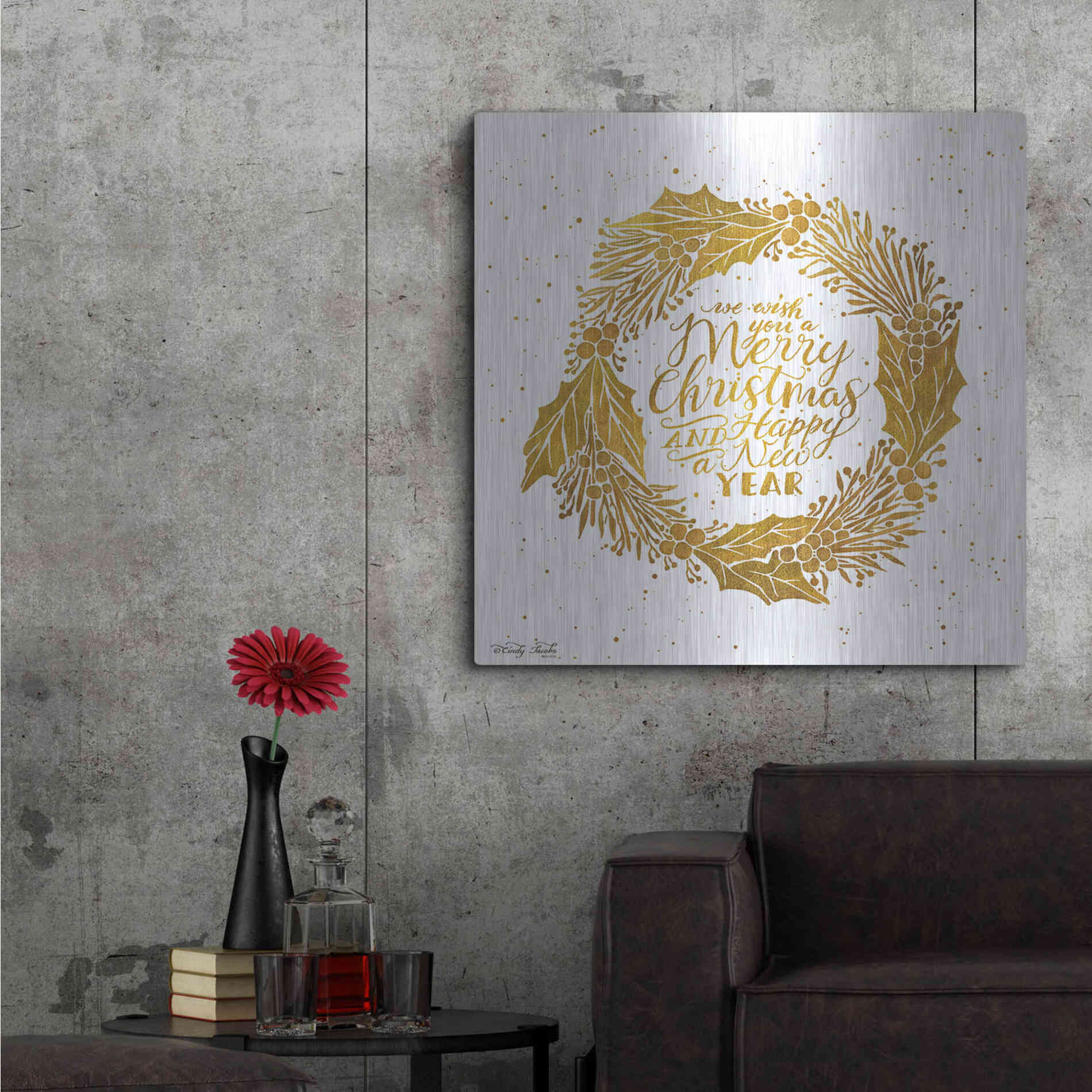 Luxe Metal Art 'Christmas and New Year Gold Wreath' by Cindy Jacobs, Metal Wall Art,36x36