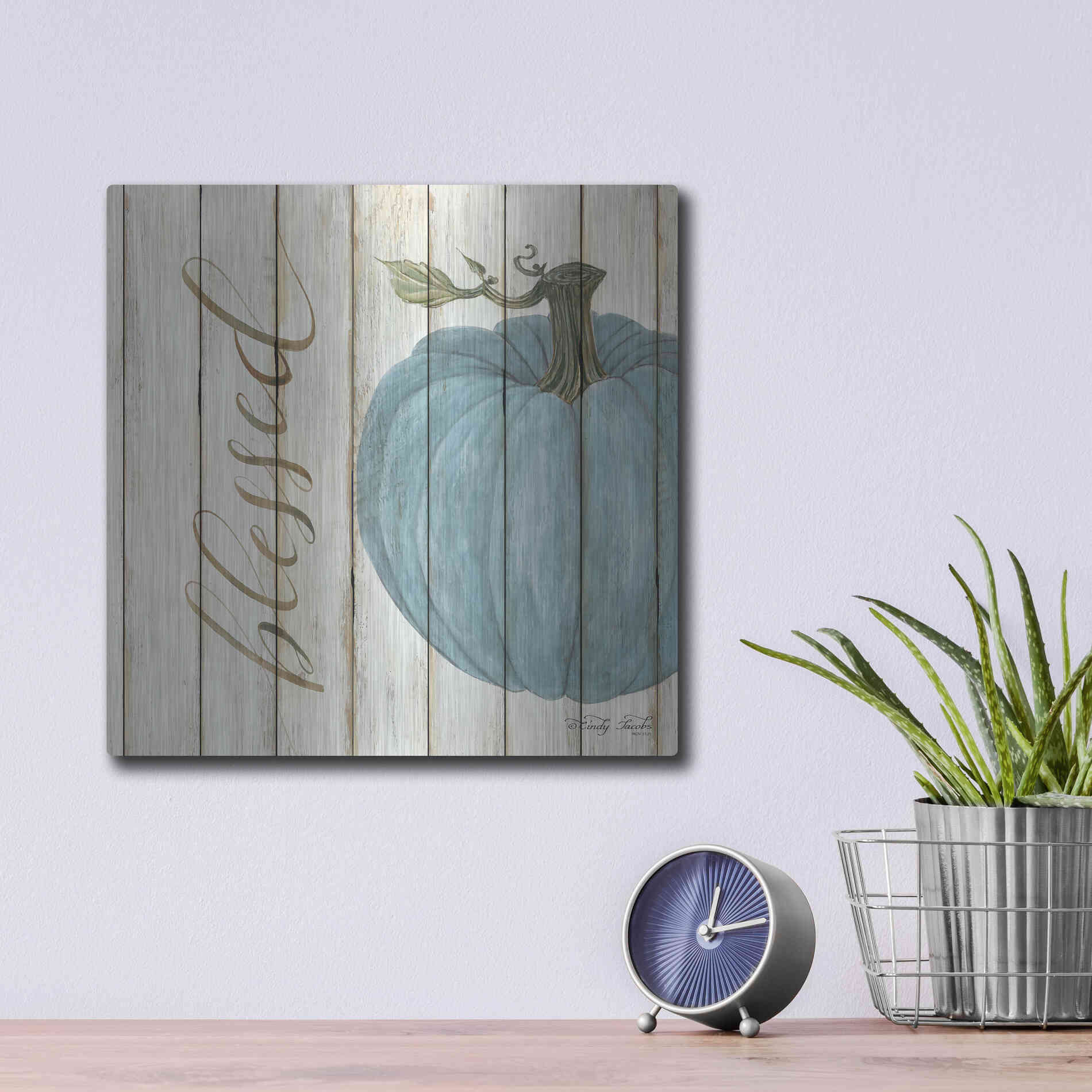 Luxe Metal Art 'Blessed Blue Pumpkin' by Cindy Jacobs, Metal Wall Art,12x12