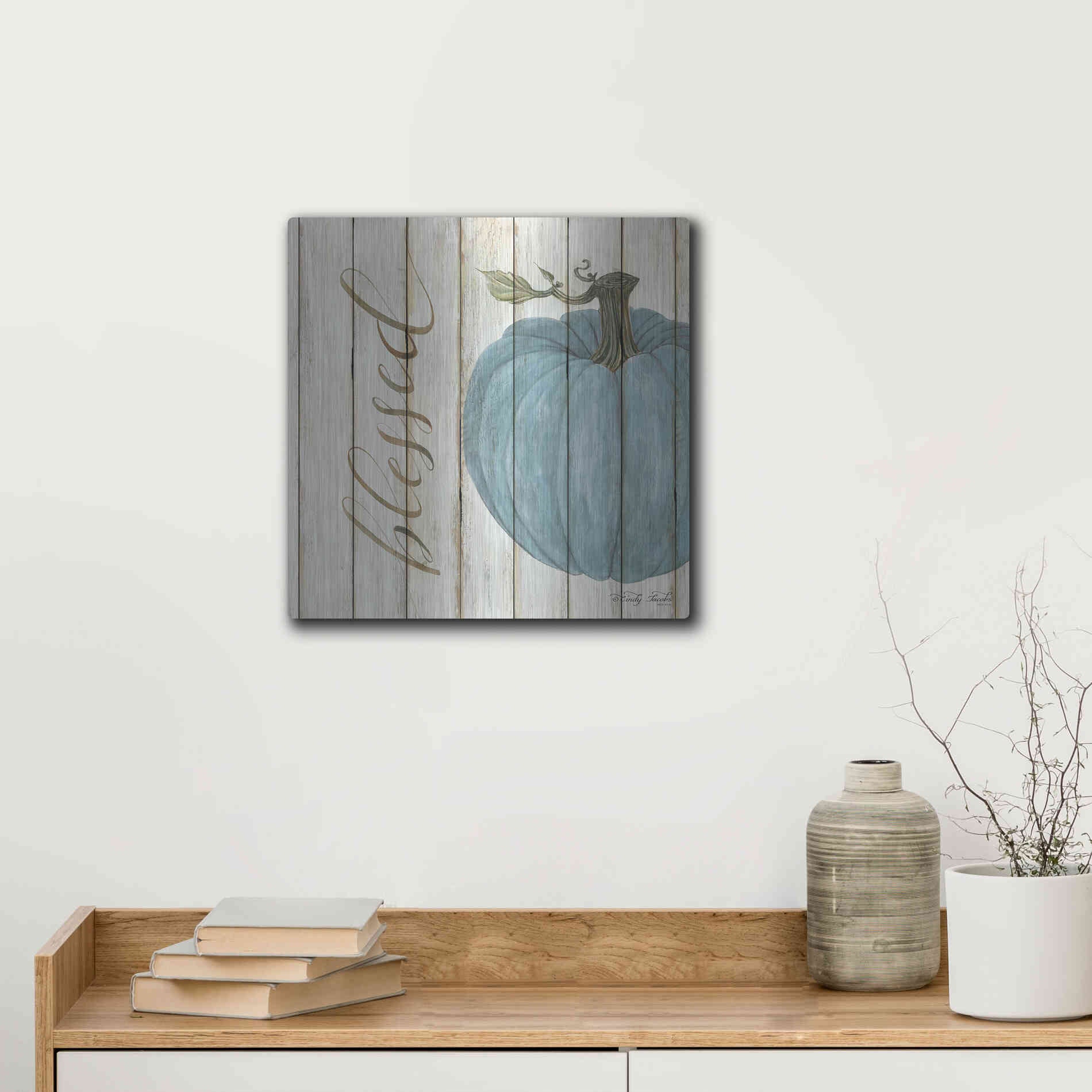 Luxe Metal Art 'Blessed Blue Pumpkin' by Cindy Jacobs, Metal Wall Art,12x12