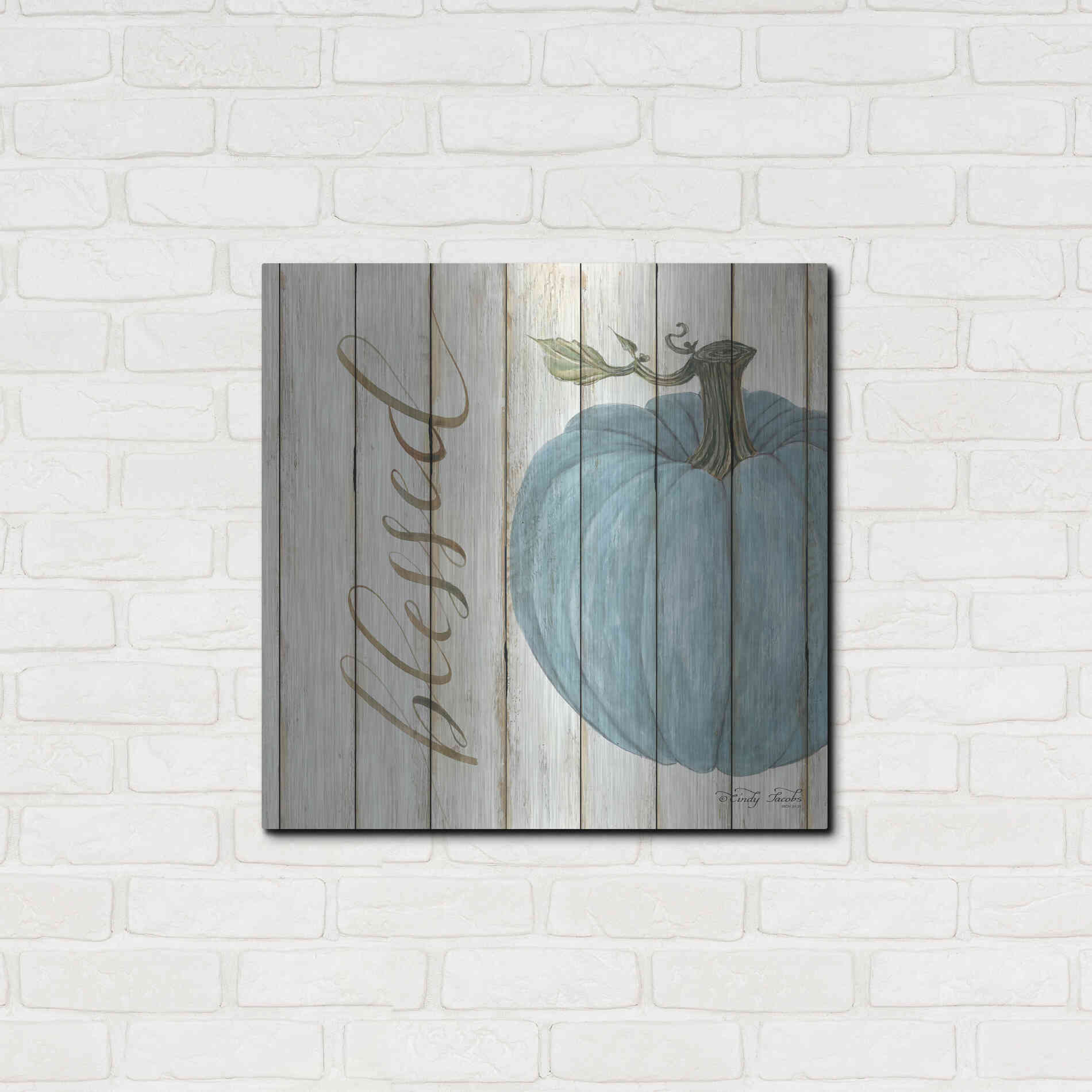 Luxe Metal Art 'Blessed Blue Pumpkin' by Cindy Jacobs, Metal Wall Art,24x24
