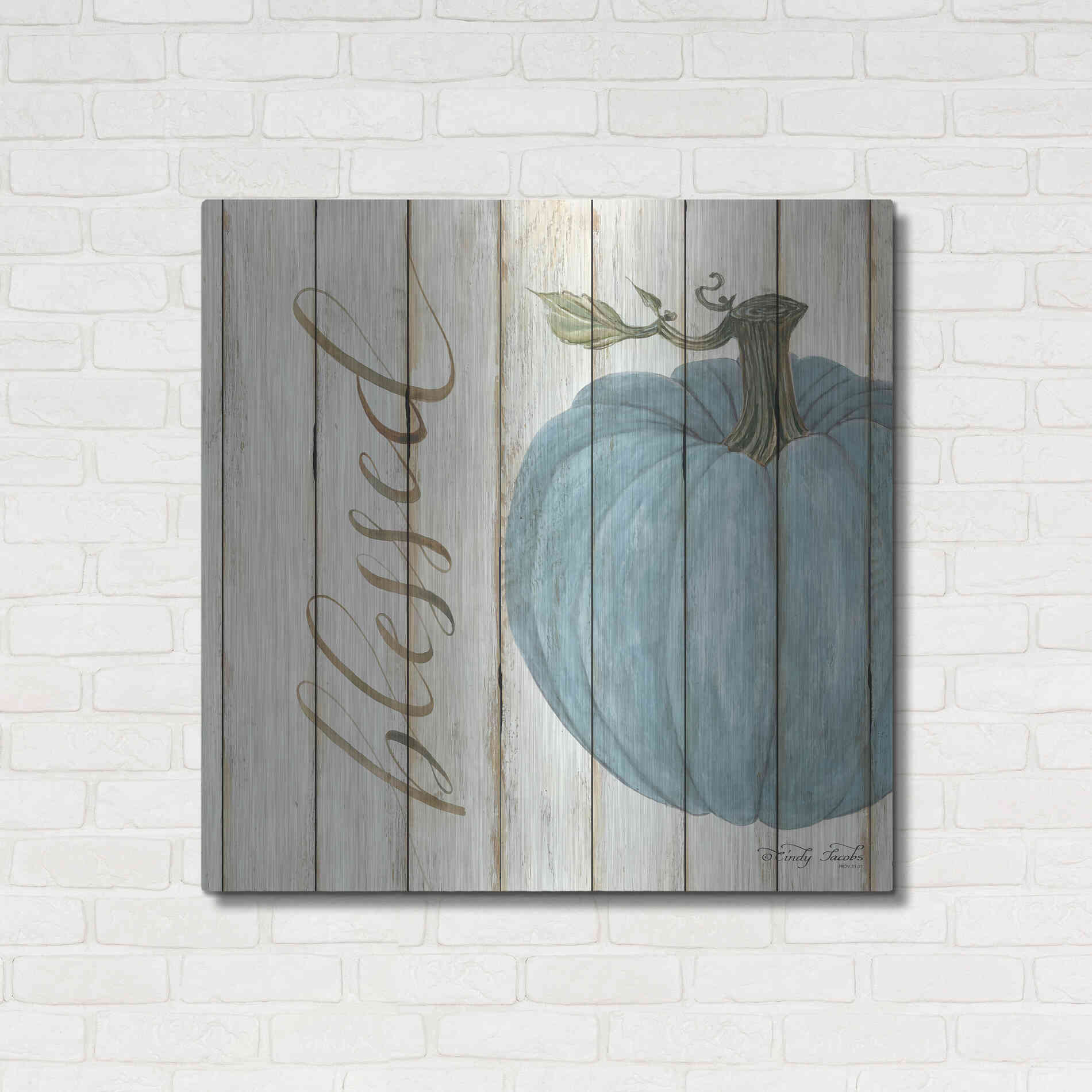 Luxe Metal Art 'Blessed Blue Pumpkin' by Cindy Jacobs, Metal Wall Art,36x36
