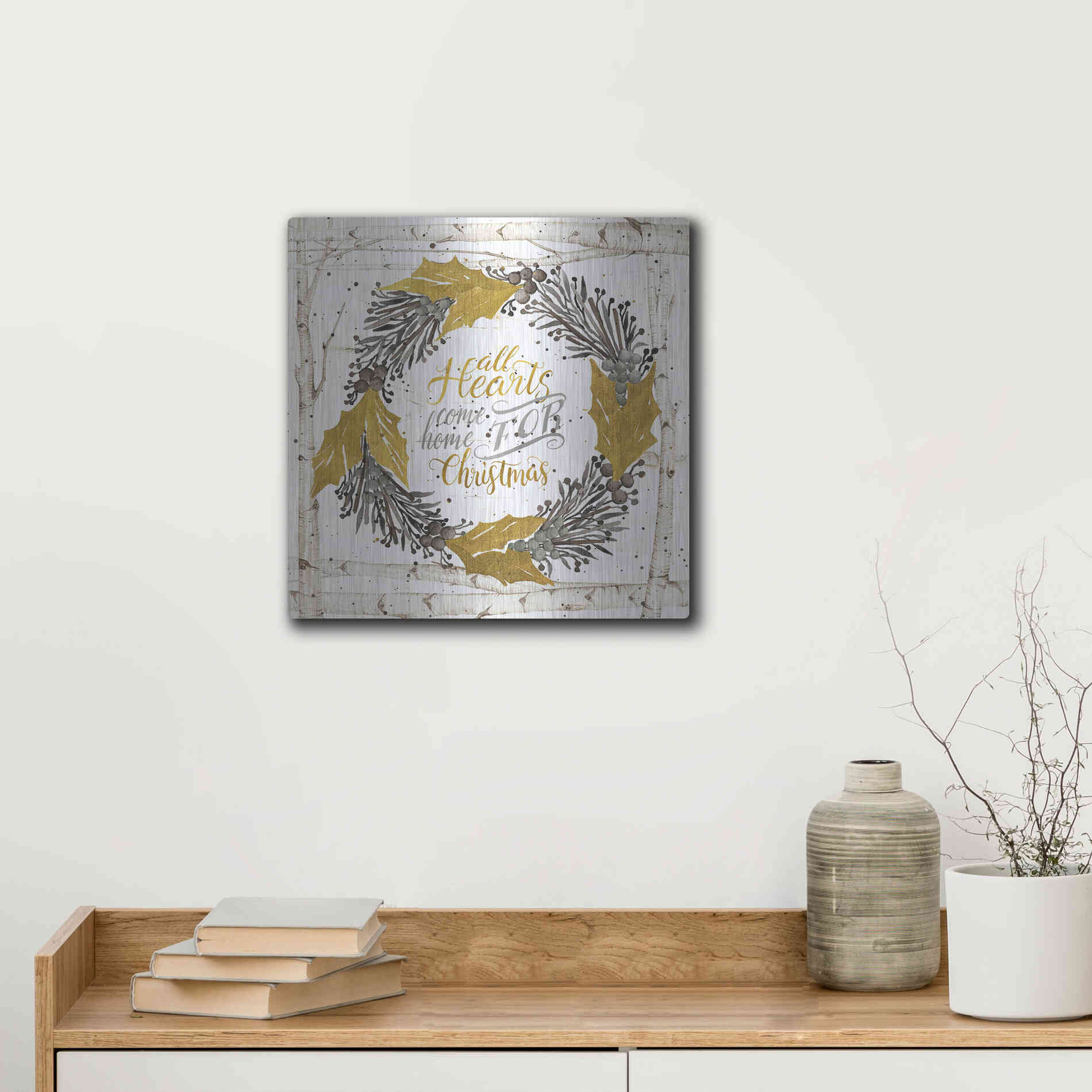 Luxe Metal Art 'All Hearts Come Home for Christmas Birch Wreath' by Cindy Jacobs, Metal Wall Art,12x12