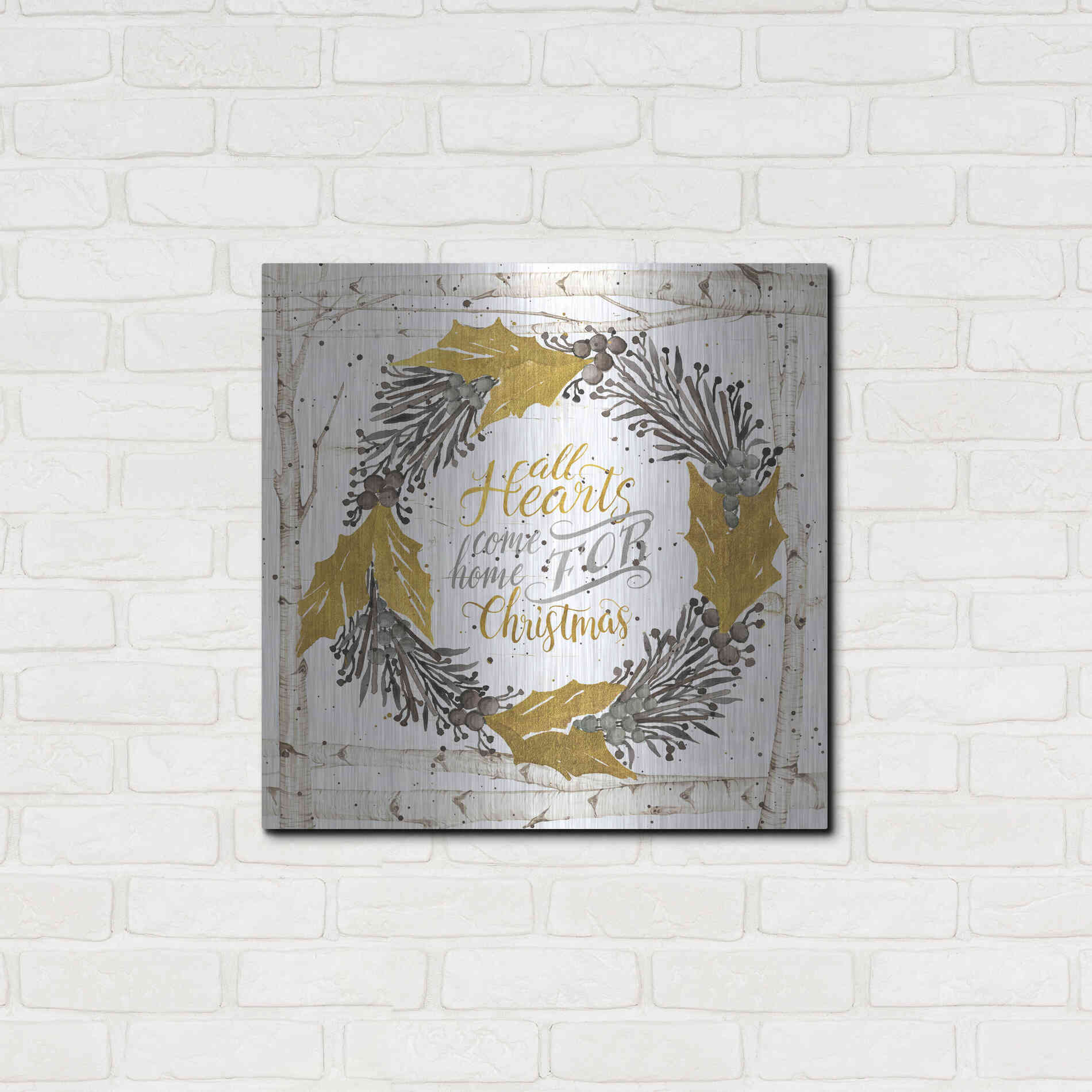 Luxe Metal Art 'All Hearts Come Home for Christmas Birch Wreath' by Cindy Jacobs, Metal Wall Art,24x24