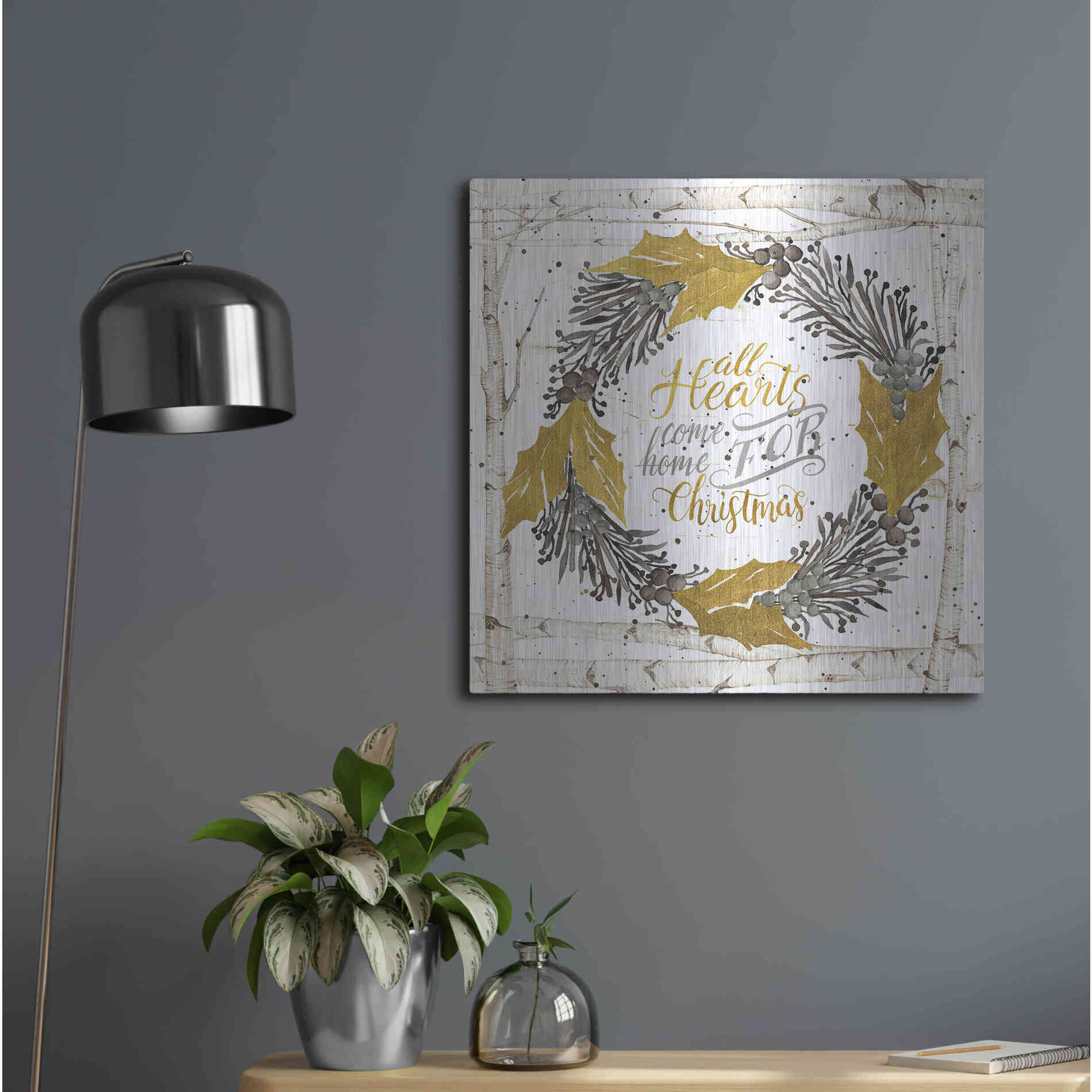 Luxe Metal Art 'All Hearts Come Home for Christmas Birch Wreath' by Cindy Jacobs, Metal Wall Art,24x24