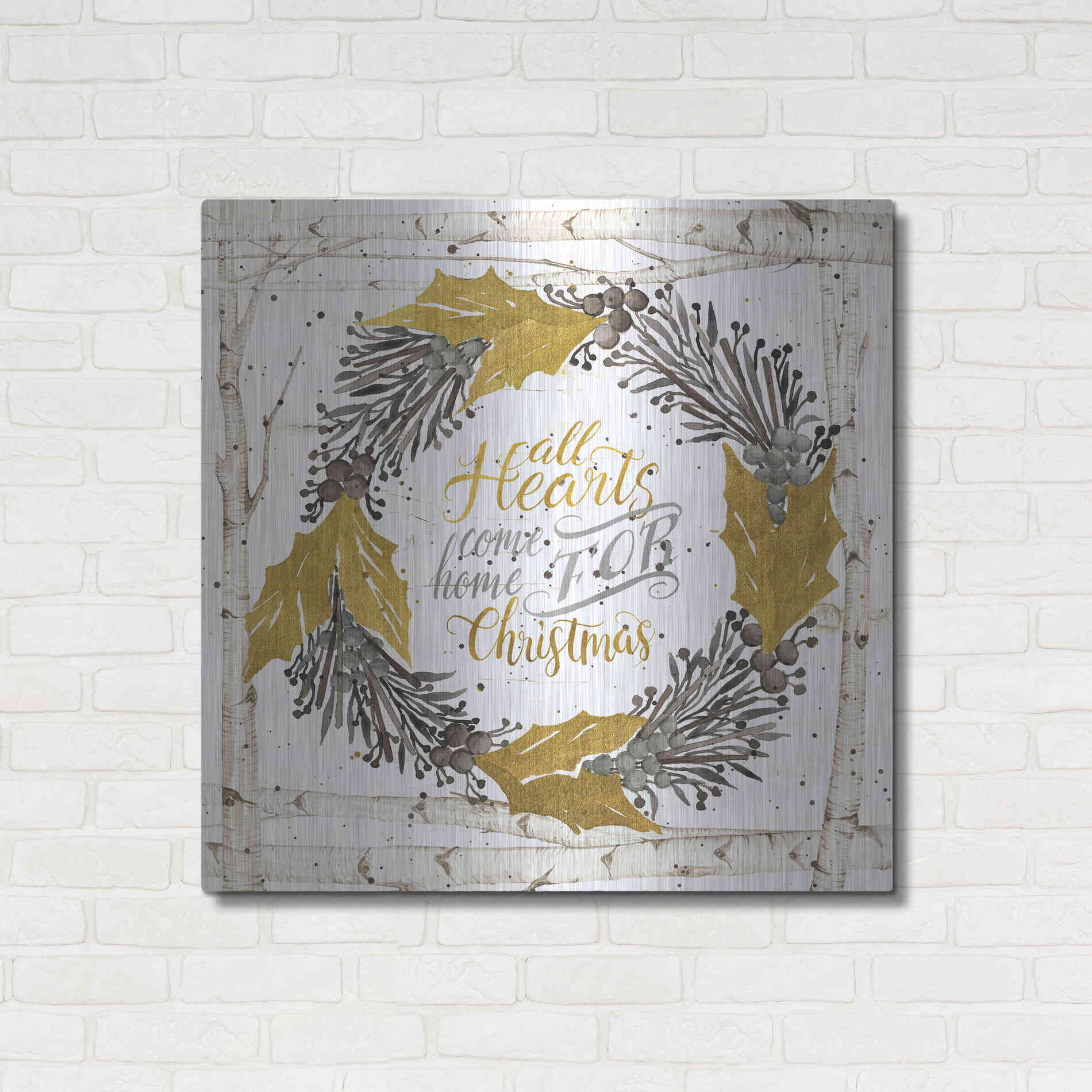 Luxe Metal Art 'All Hearts Come Home for Christmas Birch Wreath' by Cindy Jacobs, Metal Wall Art,36x36