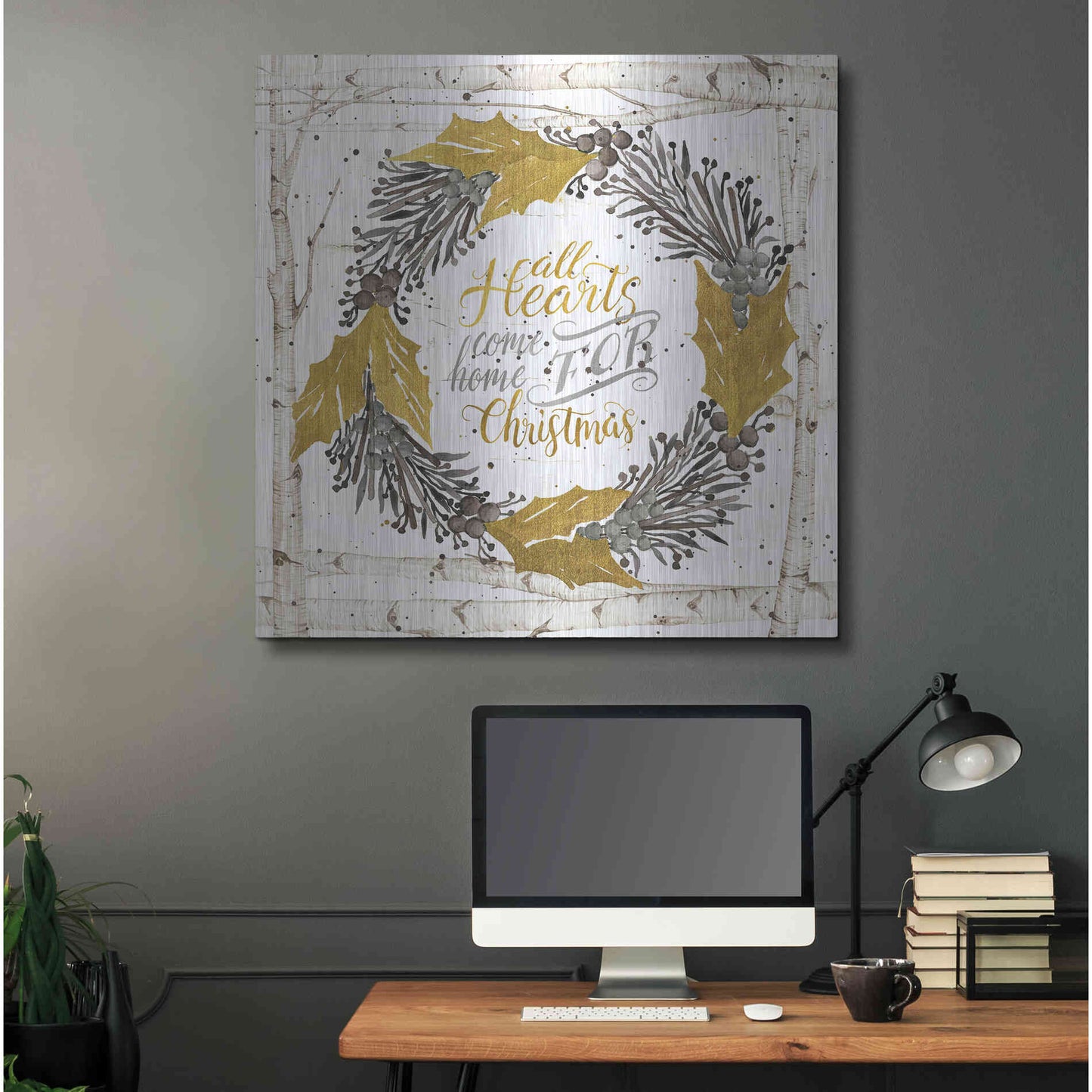 Luxe Metal Art 'All Hearts Come Home for Christmas Birch Wreath' by Cindy Jacobs, Metal Wall Art,36x36