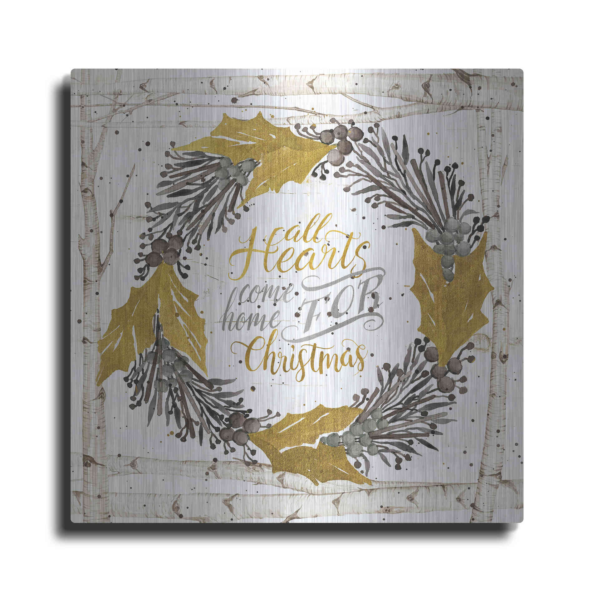 Luxe Metal Art 'All Hearts Come Home for Christmas Birch Wreath' by Cindy Jacobs, Metal Wall Art