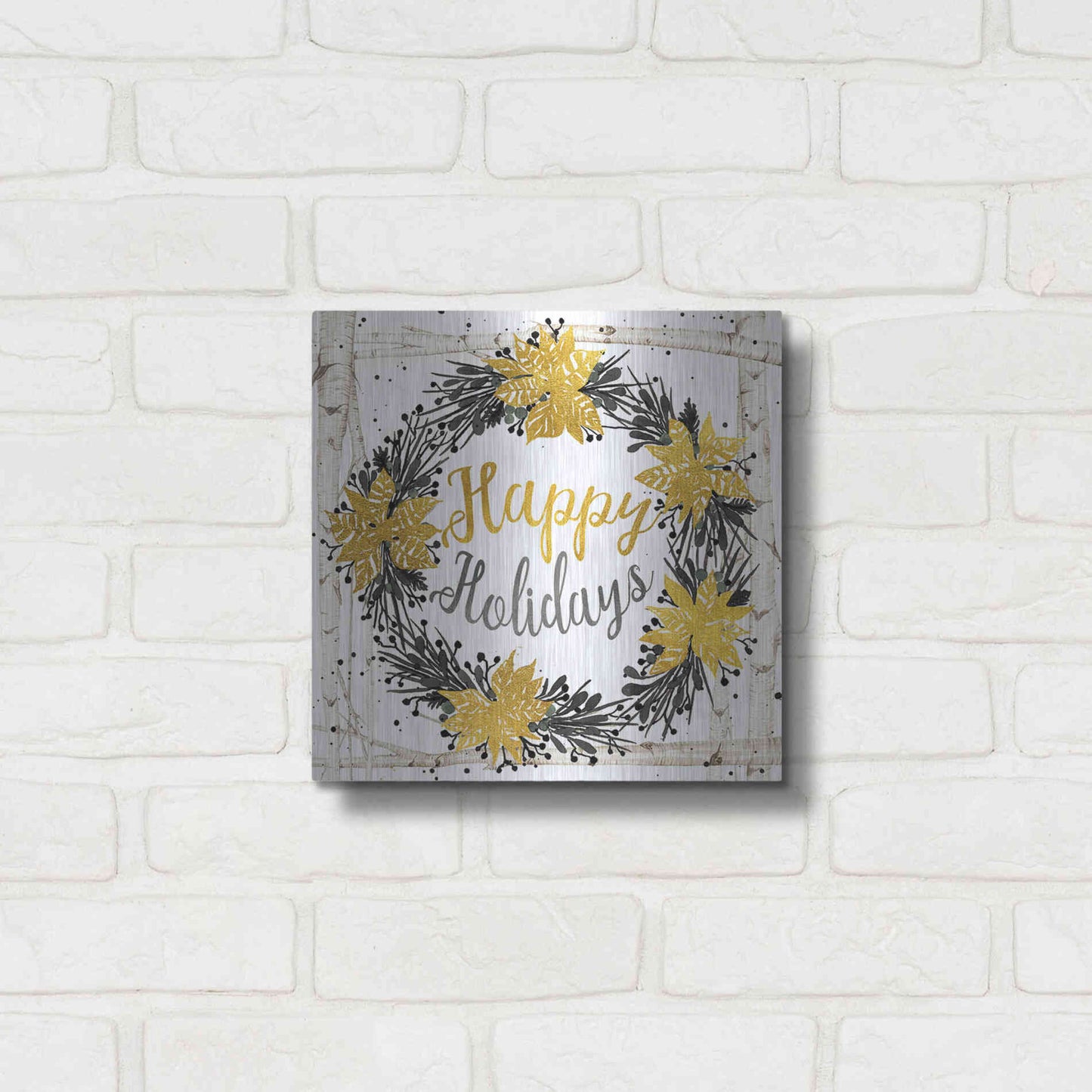 Luxe Metal Art 'Happy Holidays Birch Wreath' by Cindy Jacobs, Metal Wall Art,12x12