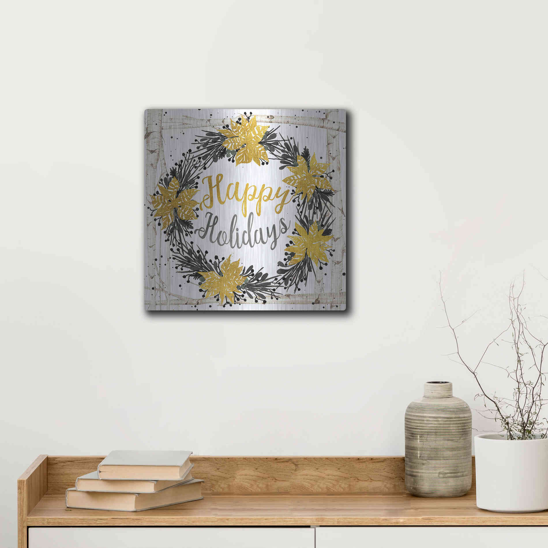 Luxe Metal Art 'Happy Holidays Birch Wreath' by Cindy Jacobs, Metal Wall Art,12x12